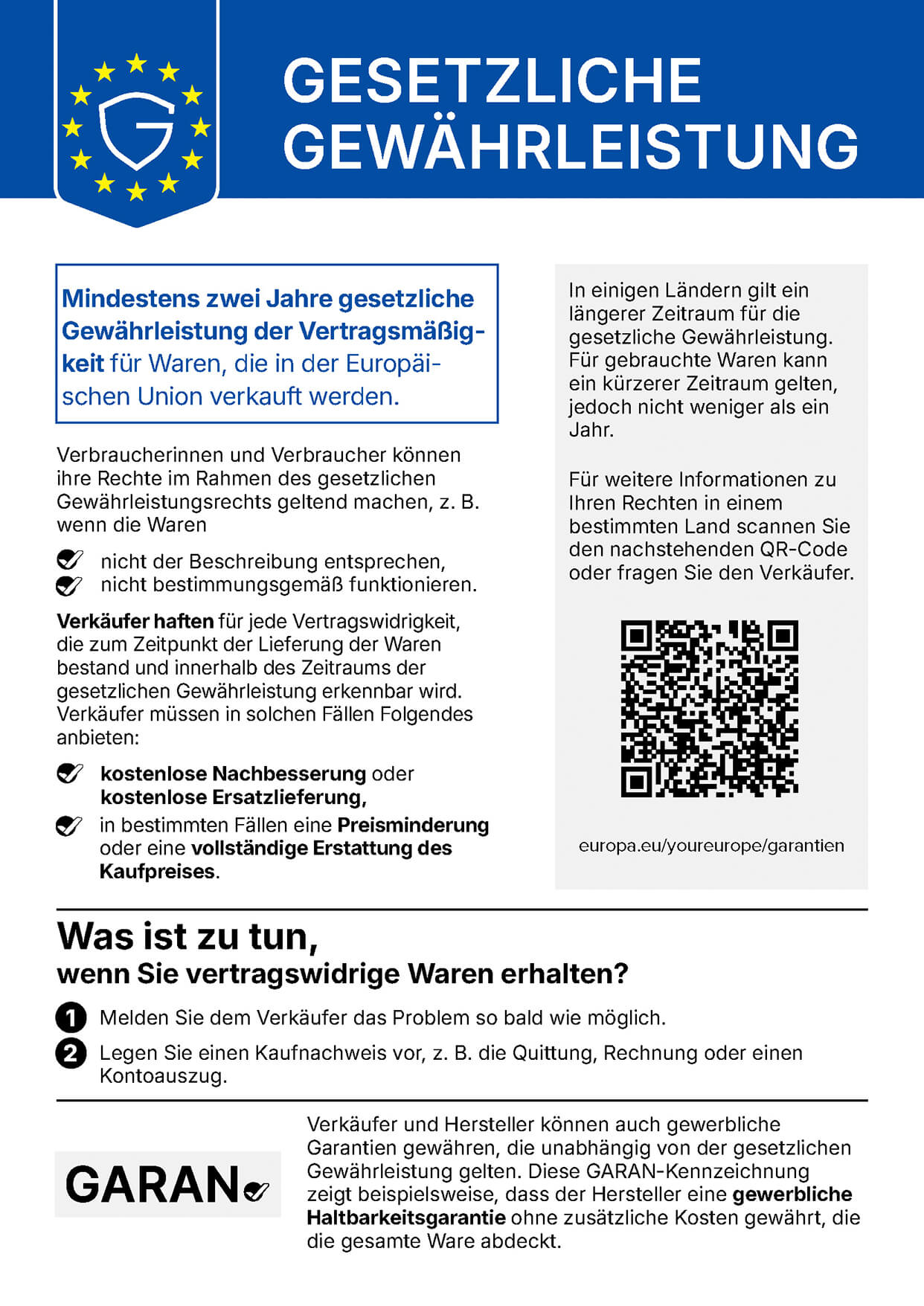 Informationen zur gesetzlichen Gewährleistung für Verbraucherinnen und Verbraucher