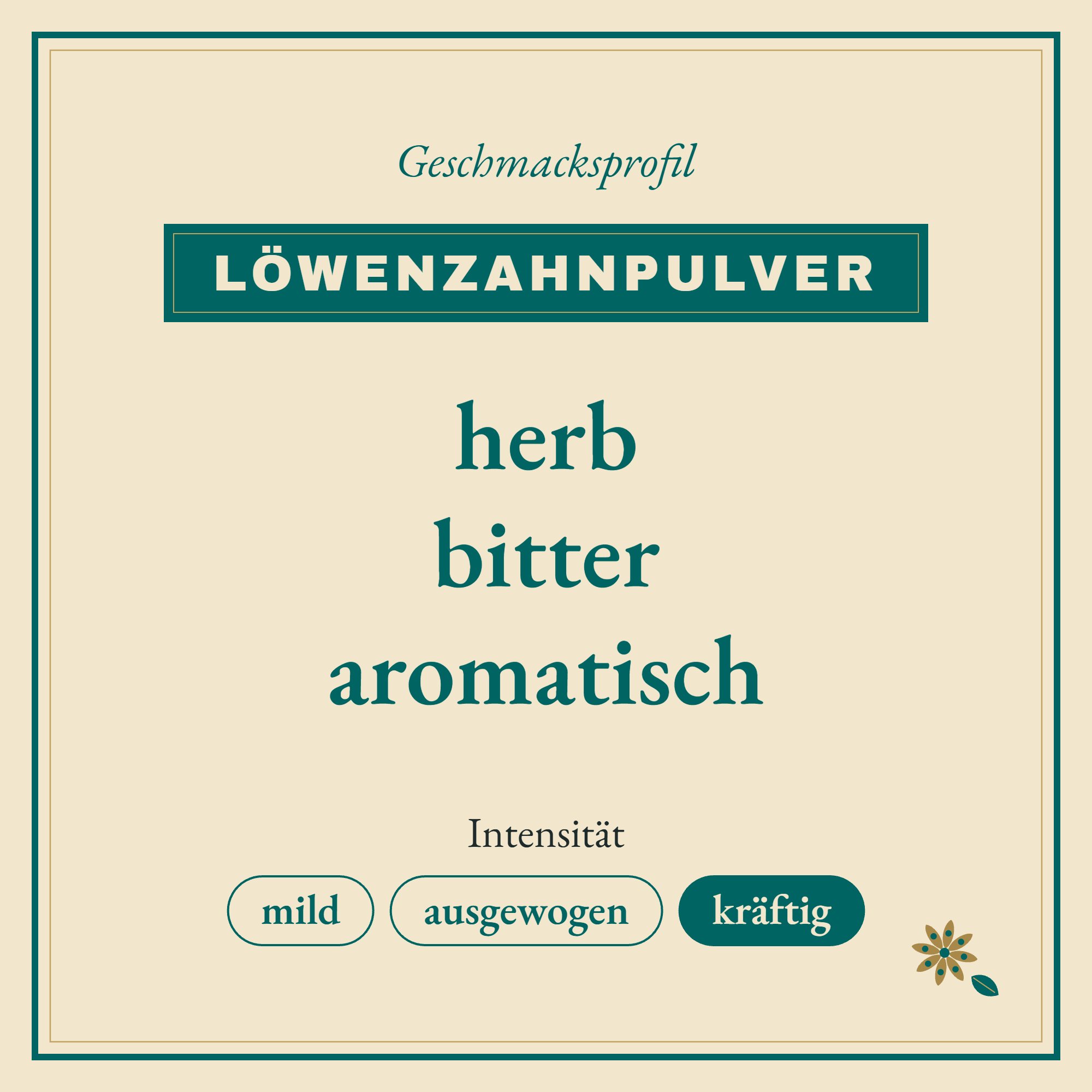 Geschmacksprofil Löwenzahnpulver: herb, bitter und aromatisch
