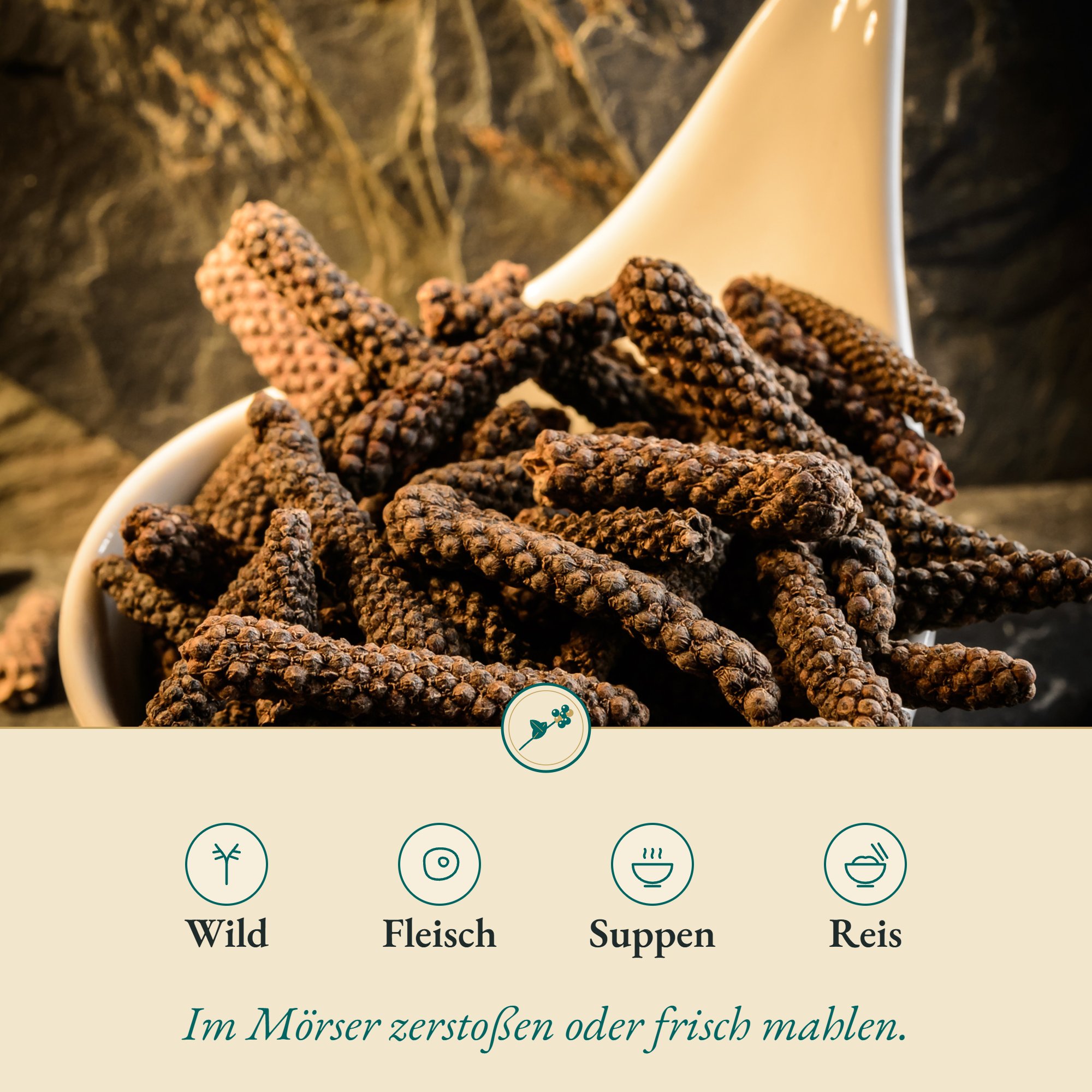 Pfeffer lang/Longpepper indon. passt zu Wild, Fleisch, Suppen und Reis