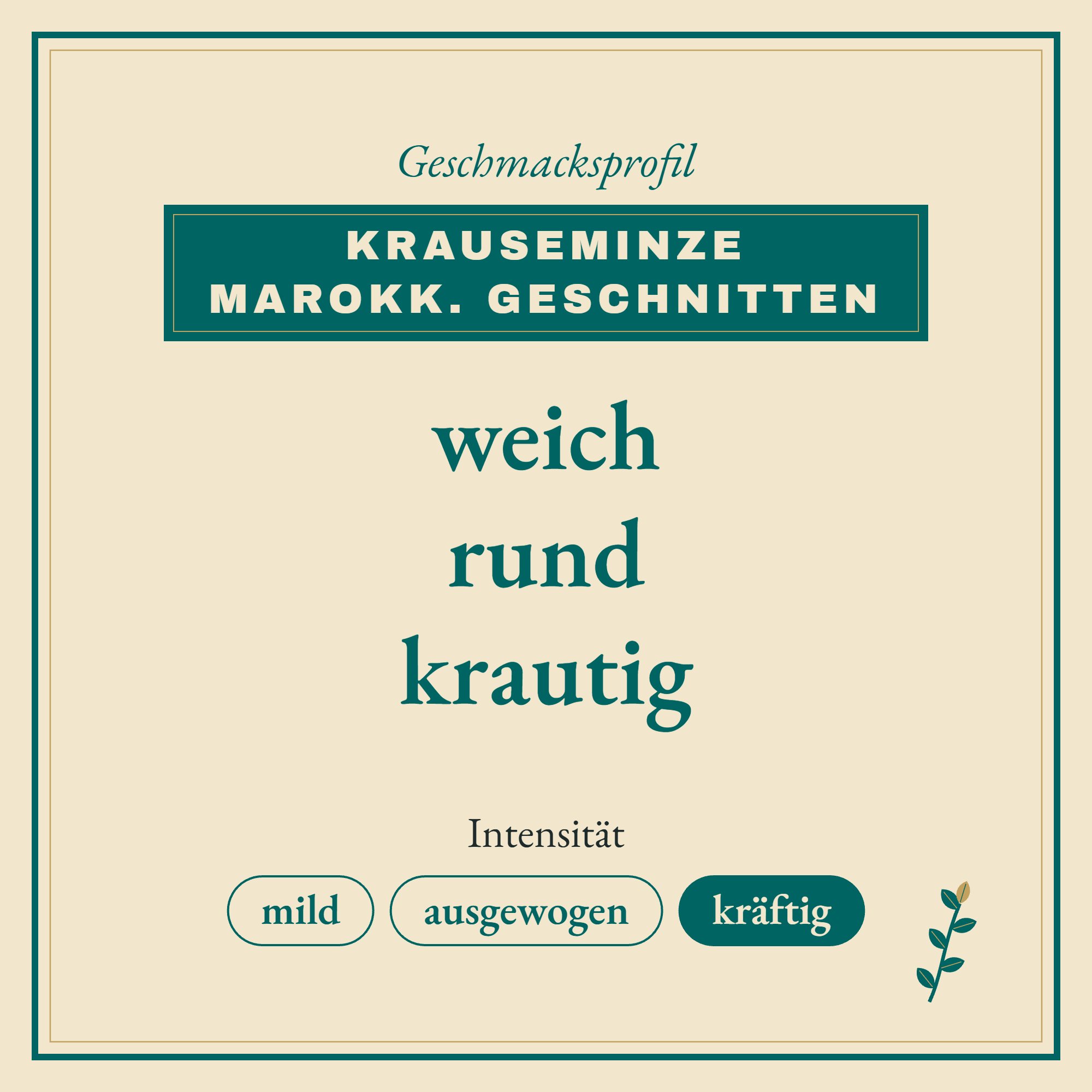 Geschmacksprofil Krauseminze marokk. Geschnitten: weich, rund und krautig