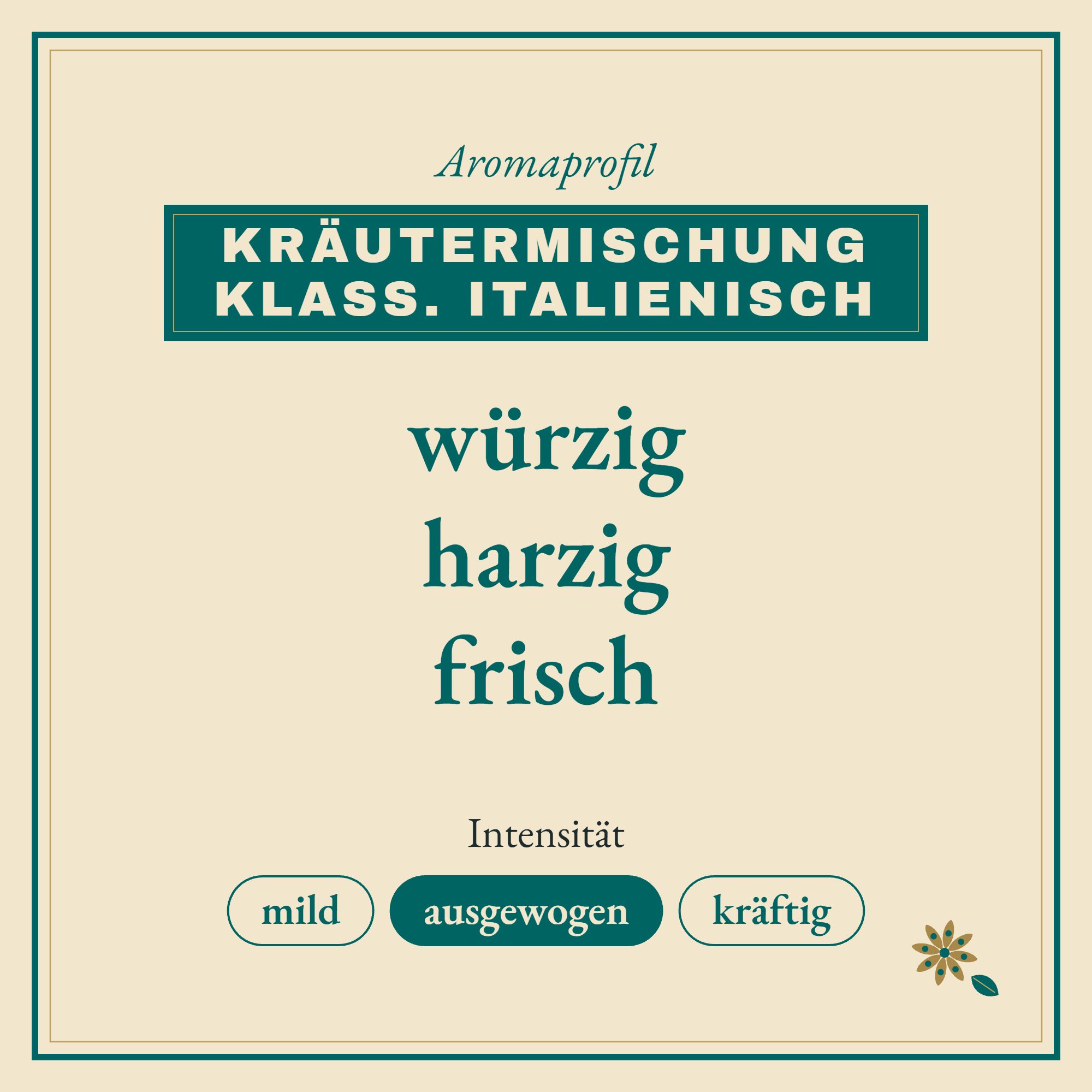Aromaprofil Kräutermischung klass. Italienisch: würzig, harzig und frisch