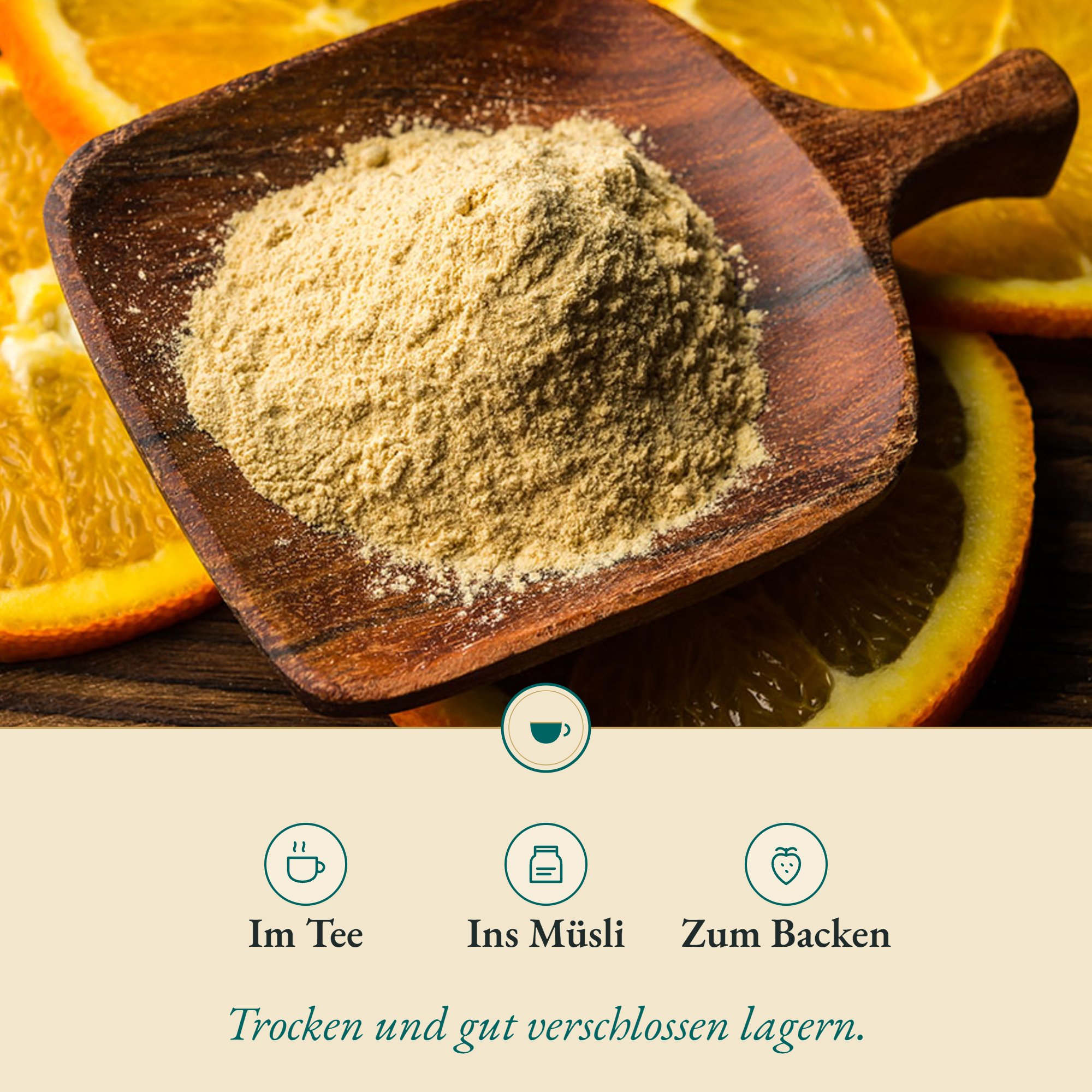 Anwendung Orangenschalen Pulver: im Tee, ins Müsli und zum Backen
