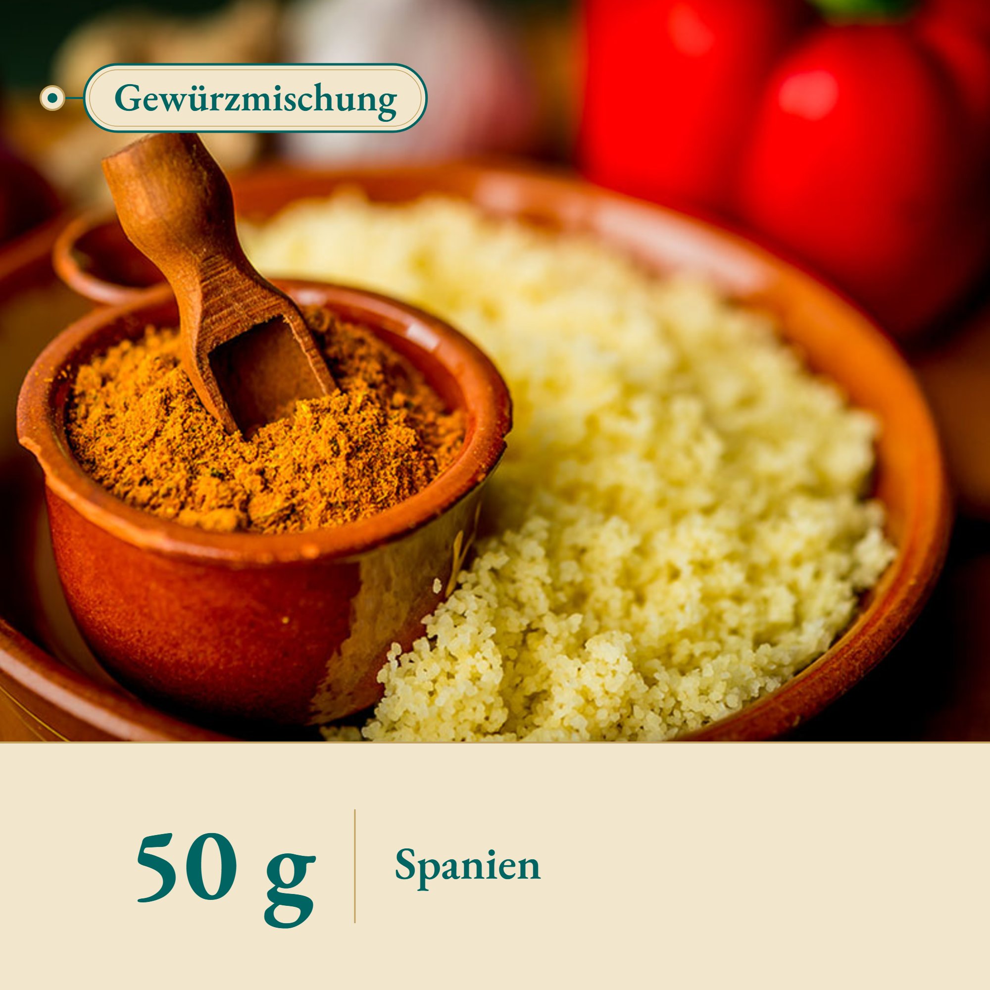 Nahaufnahme Couscous Gewürzmischung aus Spanien – Kräuterparadies seit 1887