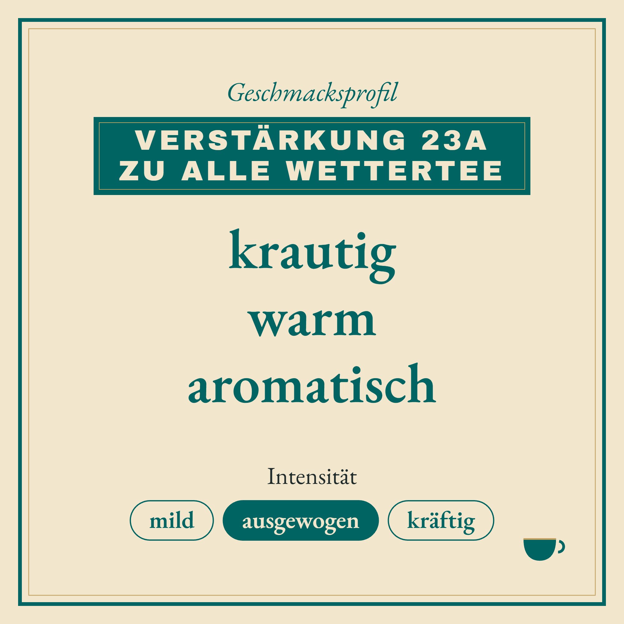 Geschmacksprofil Verstärkung 23a zu Alle Wettertee: krautig, warm und aromatisch
