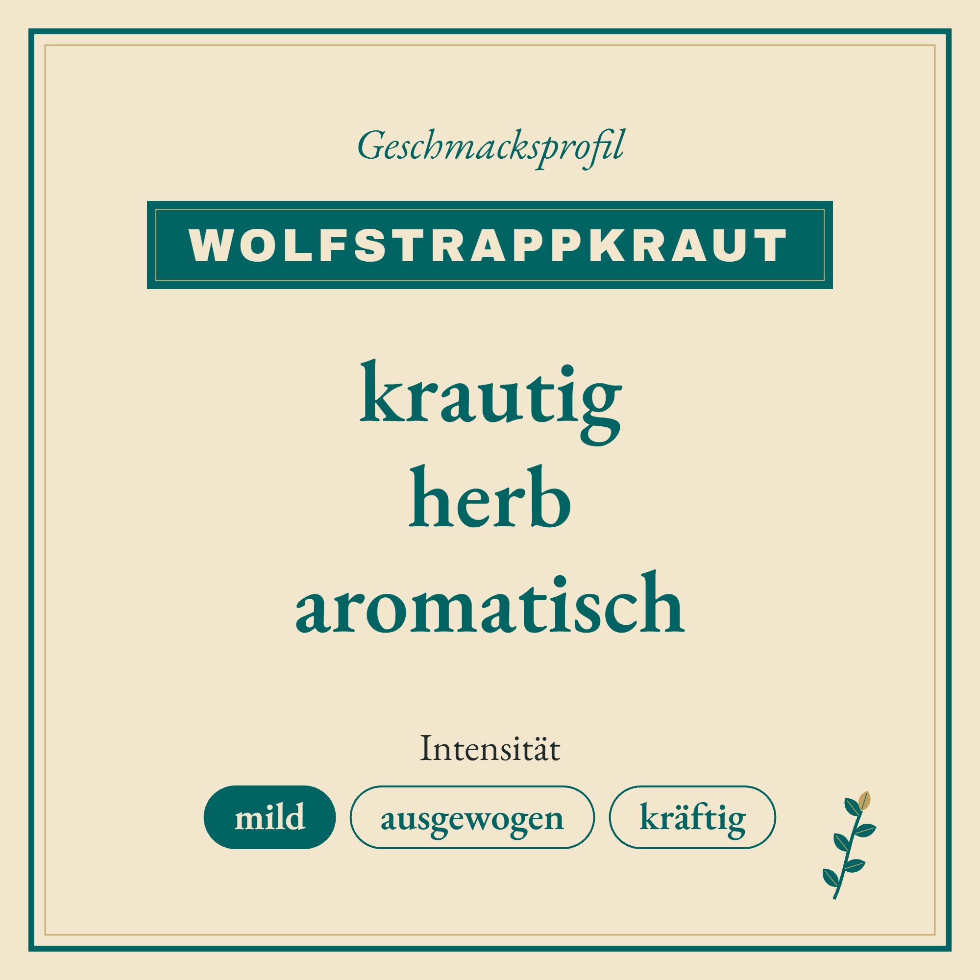Geschmacksprofil Wolfstrappkraut: krautig, herb und aromatisch