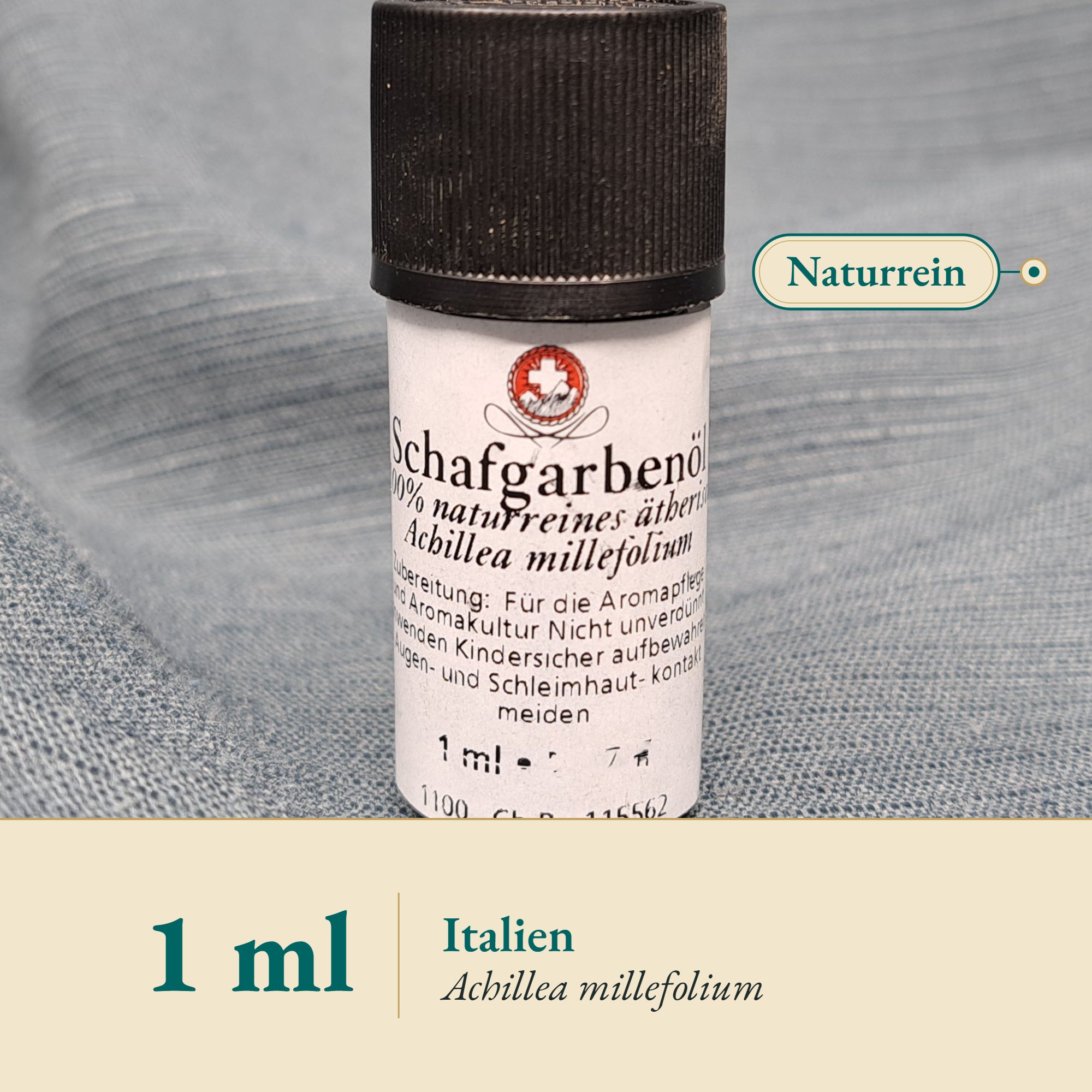 Nahaufnahme Schafgarbenöl blau aus Italien – Kräuterparadies seit 1887