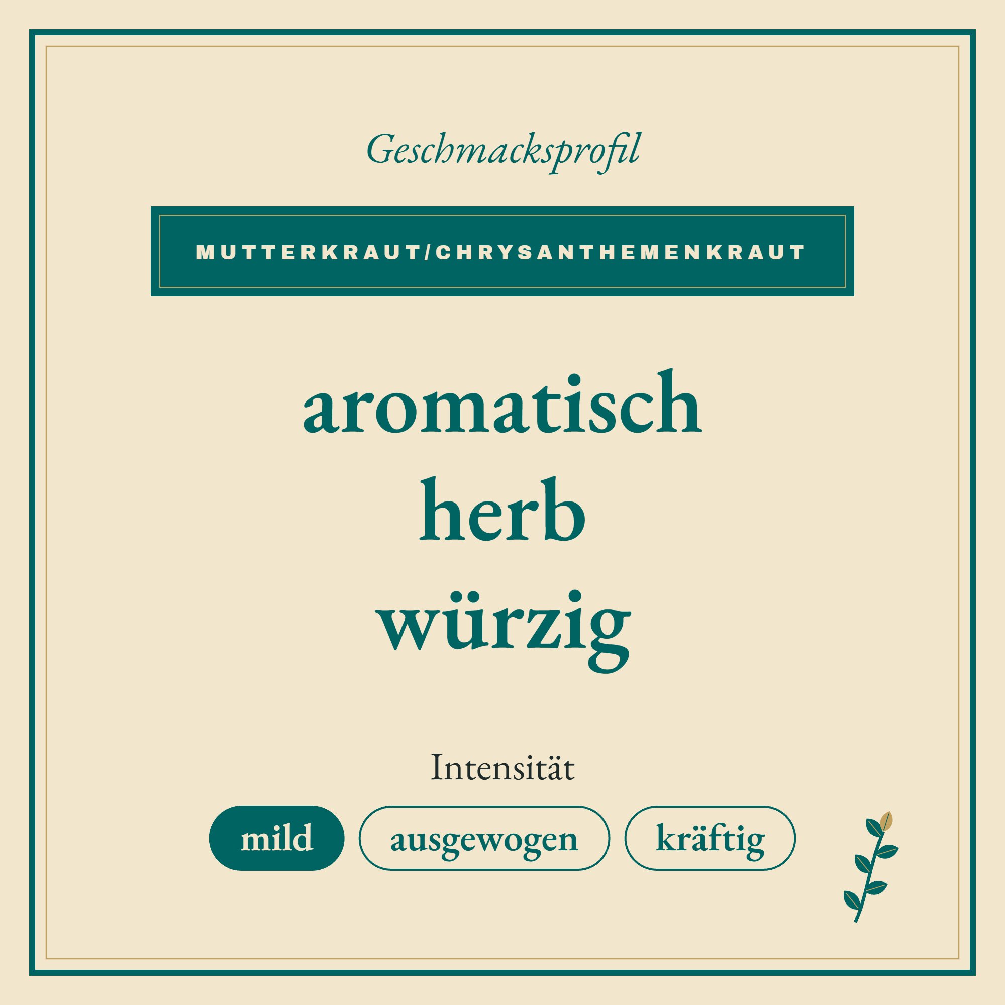 Geschmacksprofil Mutterkraut/Chrysanthemenkraut: aromatisch, herb und würzig