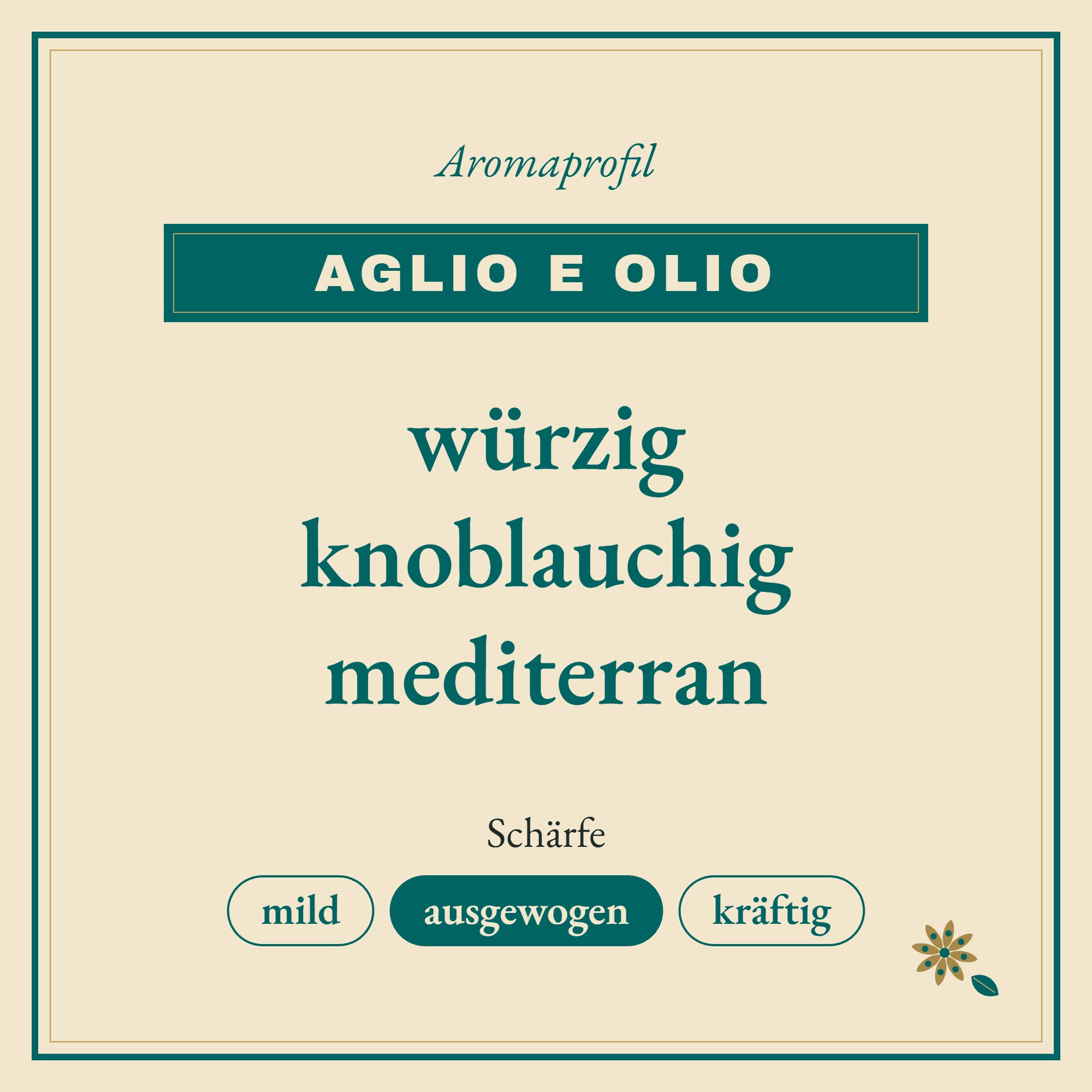 Aromaprofil Aglio e Olio: würzig, knoblauchig und mediterran
