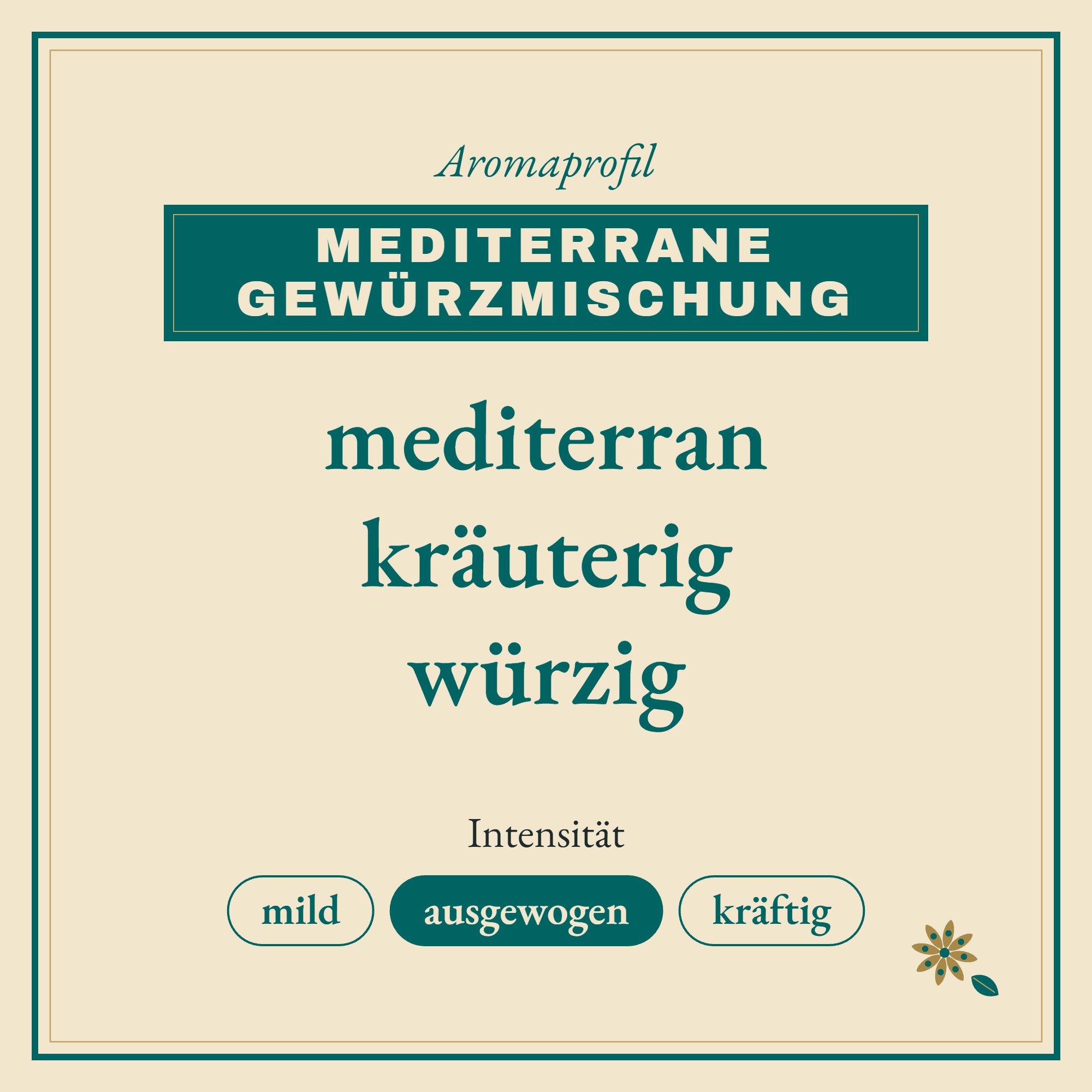 Aromaprofil Mediterrane Gewürzmischung: mediterran, kräuterig und würzig