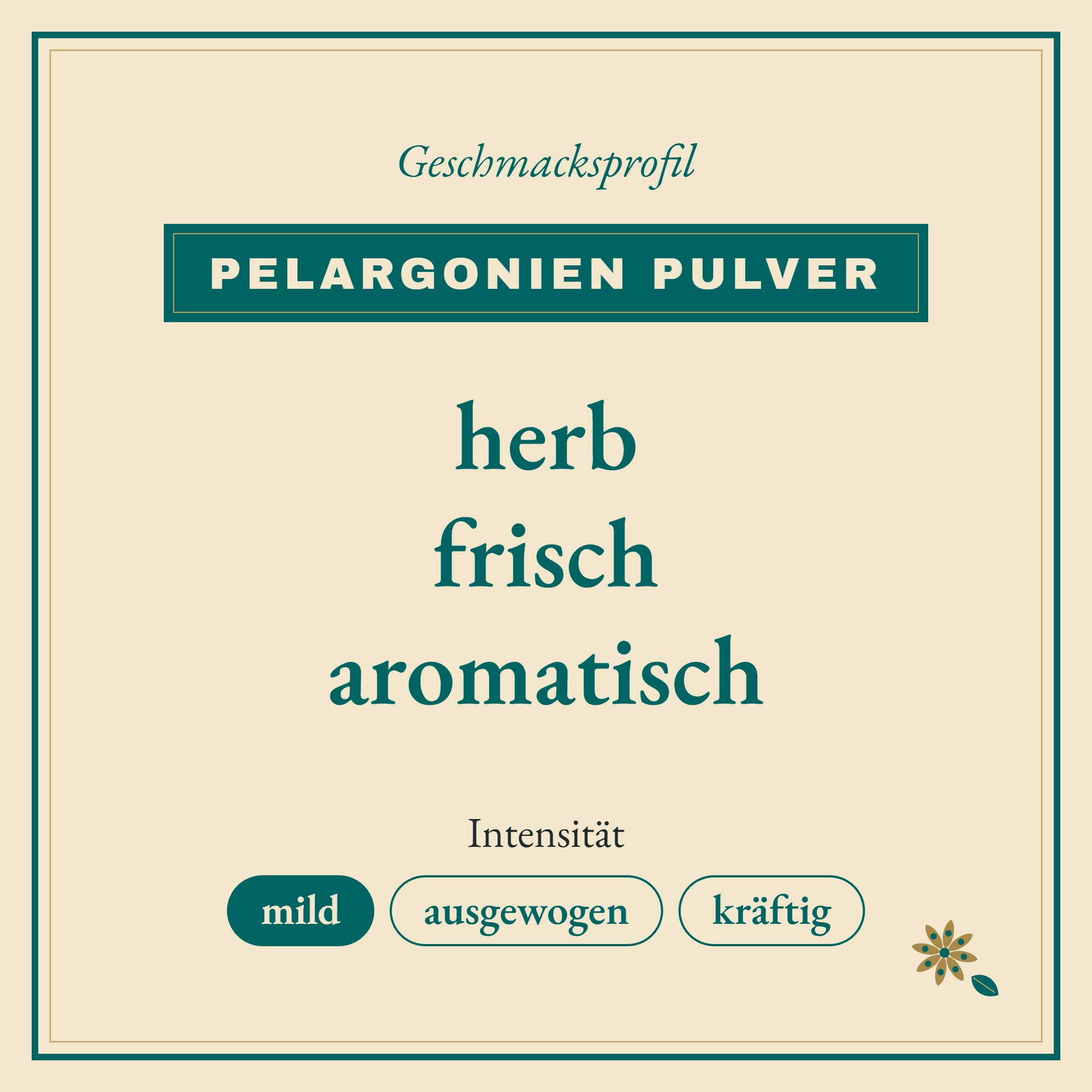 Geschmacksprofil Pelargonien Pulver: herb, frisch und aromatisch