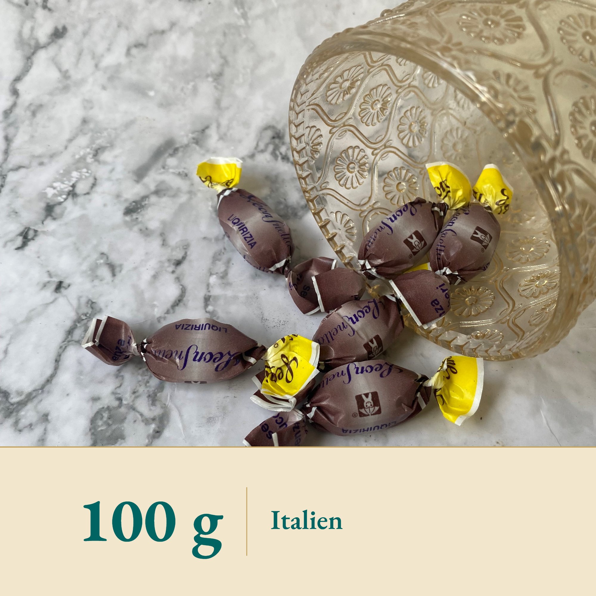 Nahaufnahme Lakritz Bonbons zuckerfrei aus Italien – Kräuterparadies seit 1887