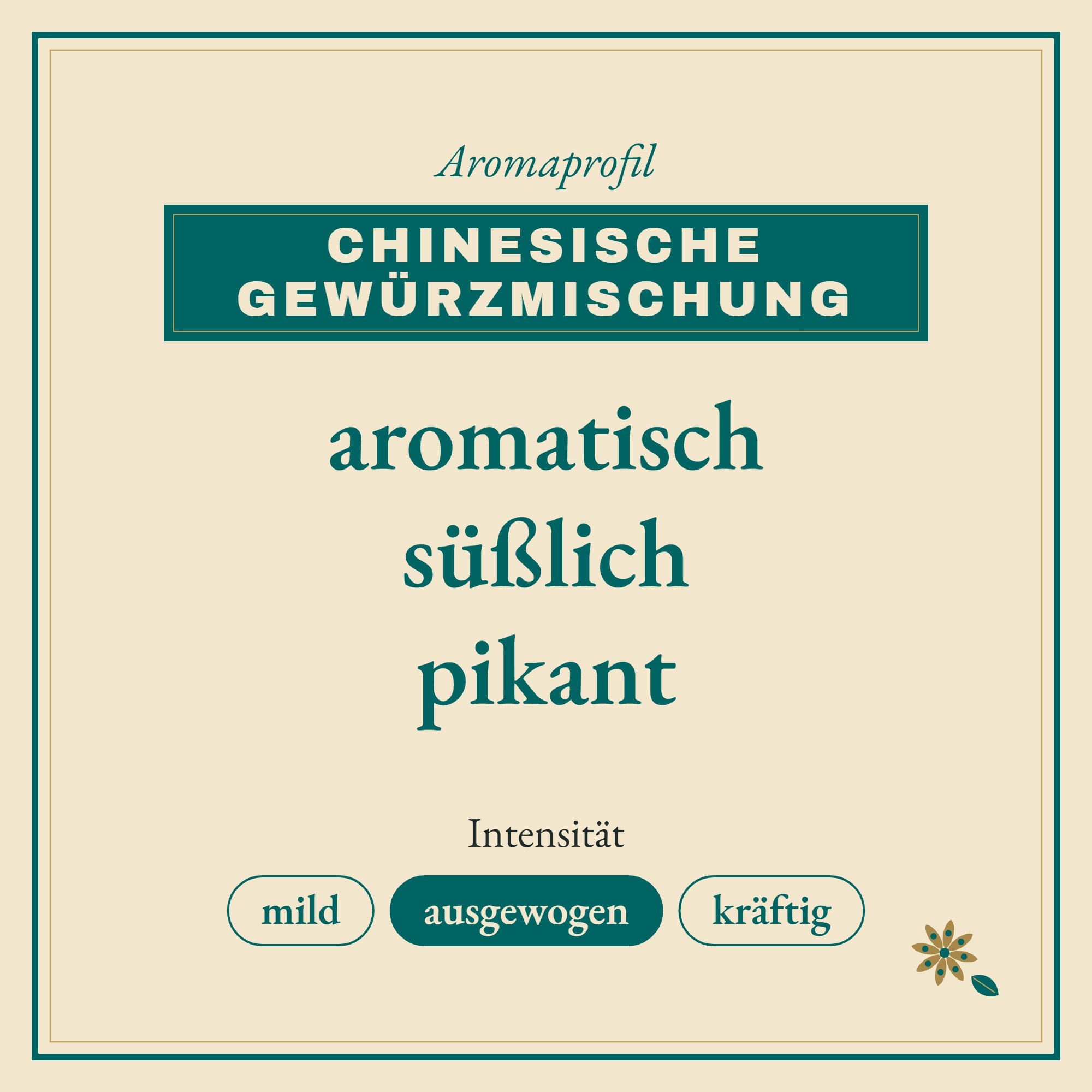 Aromaprofil Chinesische Gewürzmischung: aromatisch, süßlich und pikant