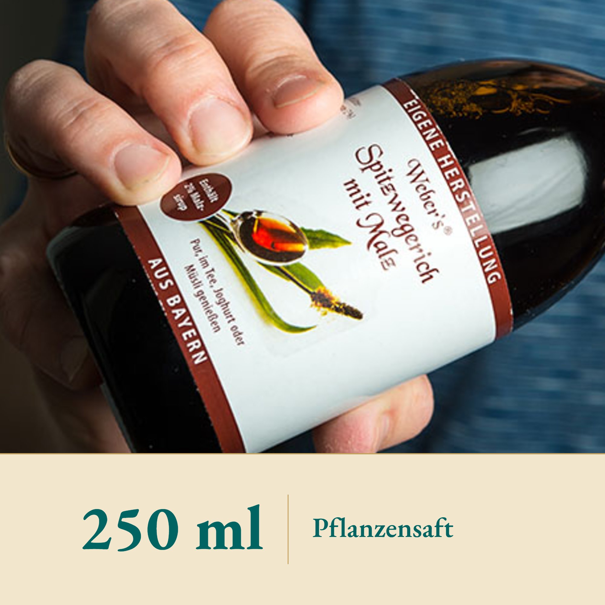 Nahaufnahme Spitzwegerichsaft mit Malz – Kräuterparadies seit 1887
