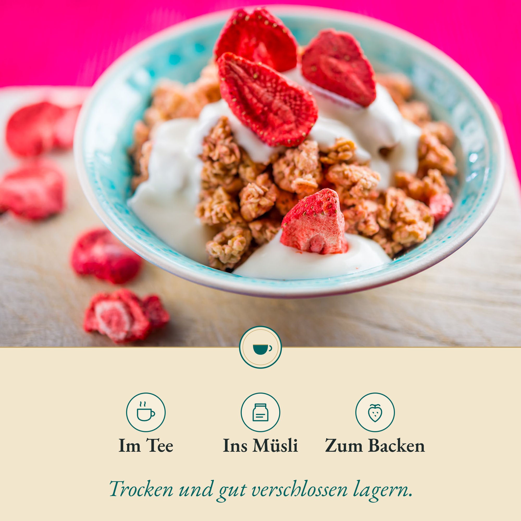 Anwendung Erdbeeren: im Tee, ins Müsli und zum Backen