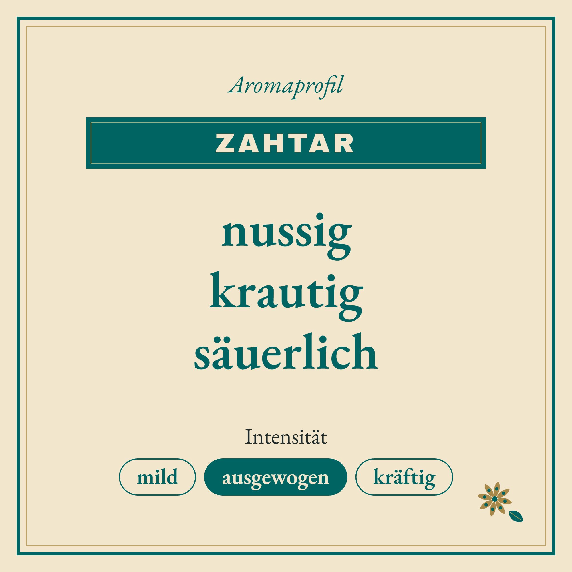 Aromaprofil Zahtar: nussig, krautig und säuerlich