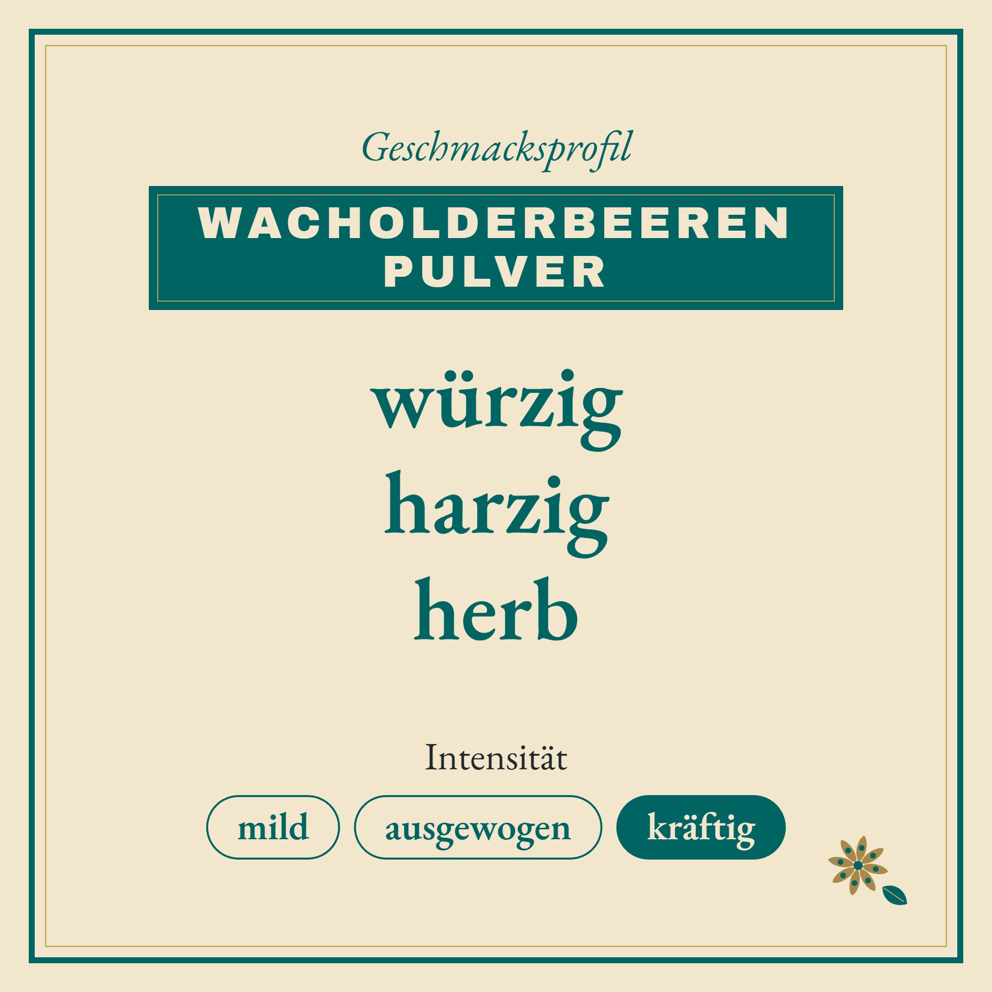Geschmacksprofil Wacholderbeeren Pulver: würzig, harzig und herb