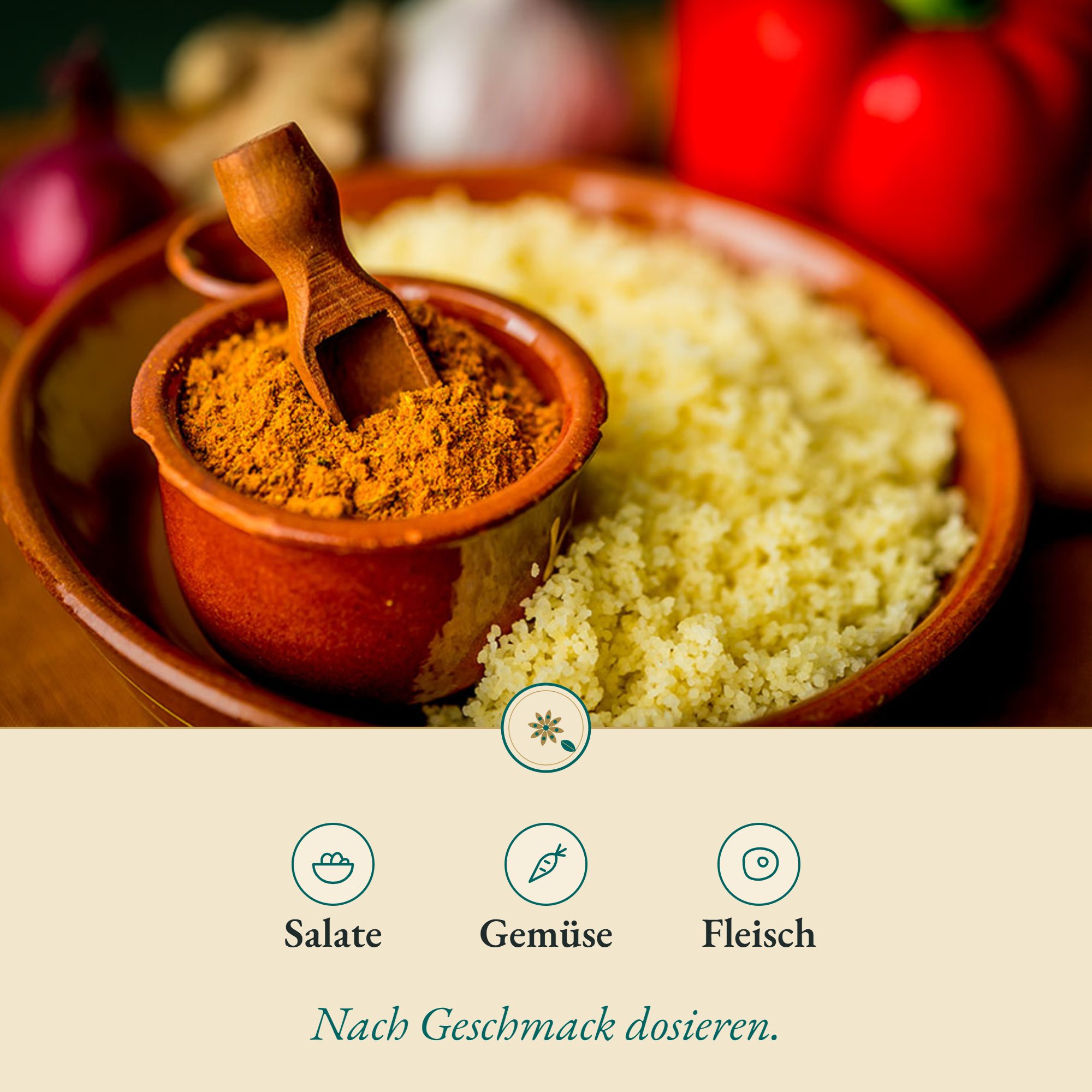 Couscous Gewürzmischung passt zu Salate, Gemüse und Fleisch