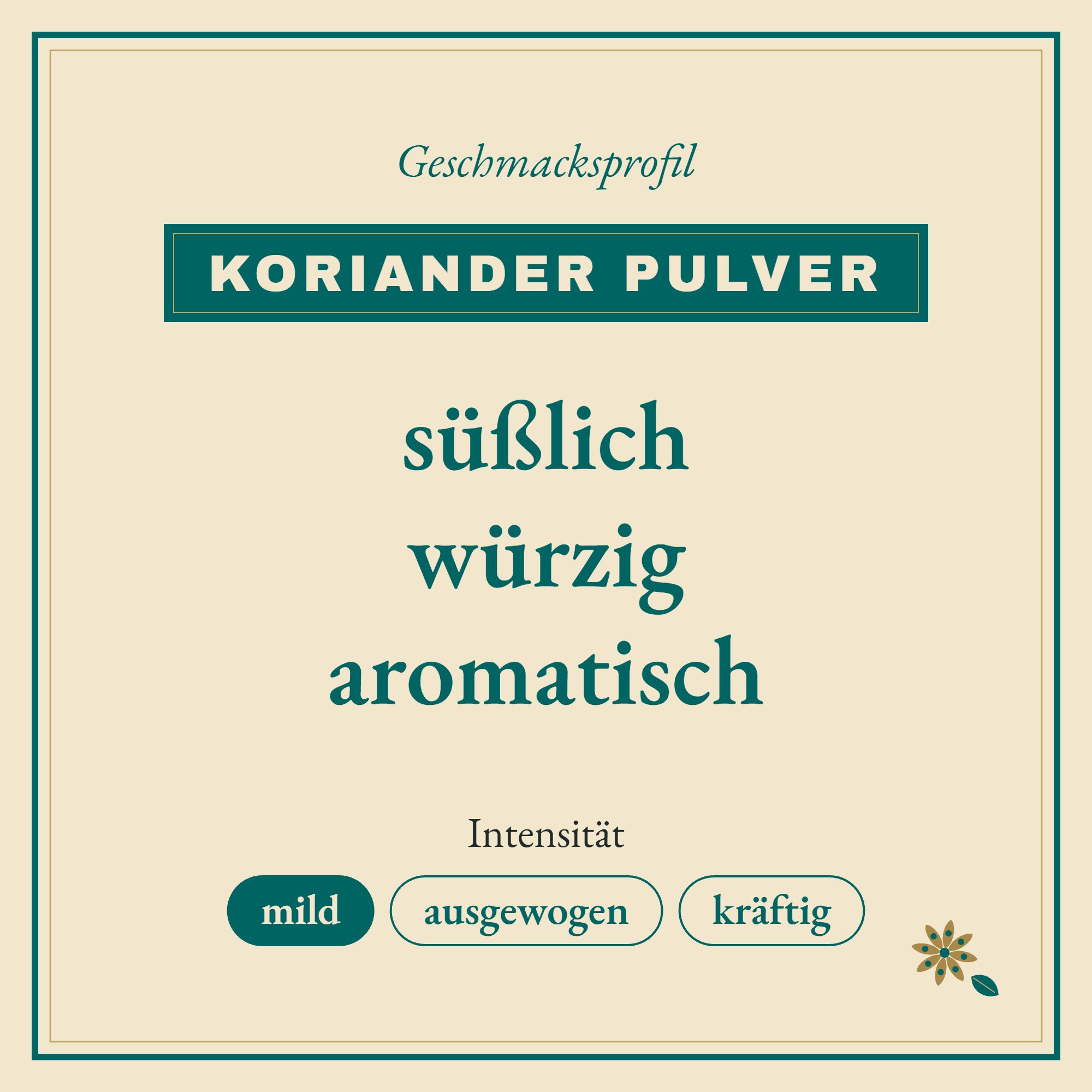 Geschmacksprofil Koriander Pulver: süßlich, würzig und aromatisch