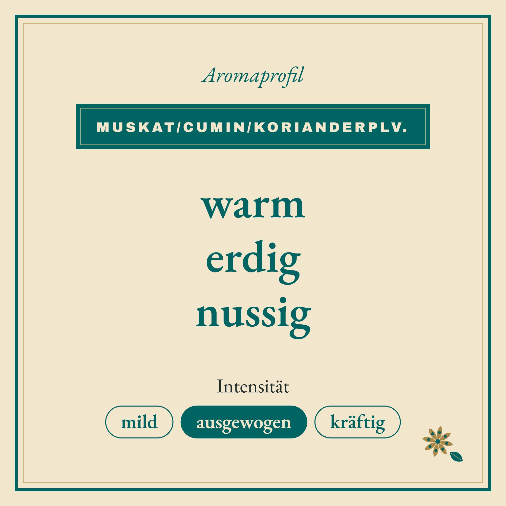 Aromaprofil Muskat/Cumin/Korianderplv.: warm, erdig und nussig