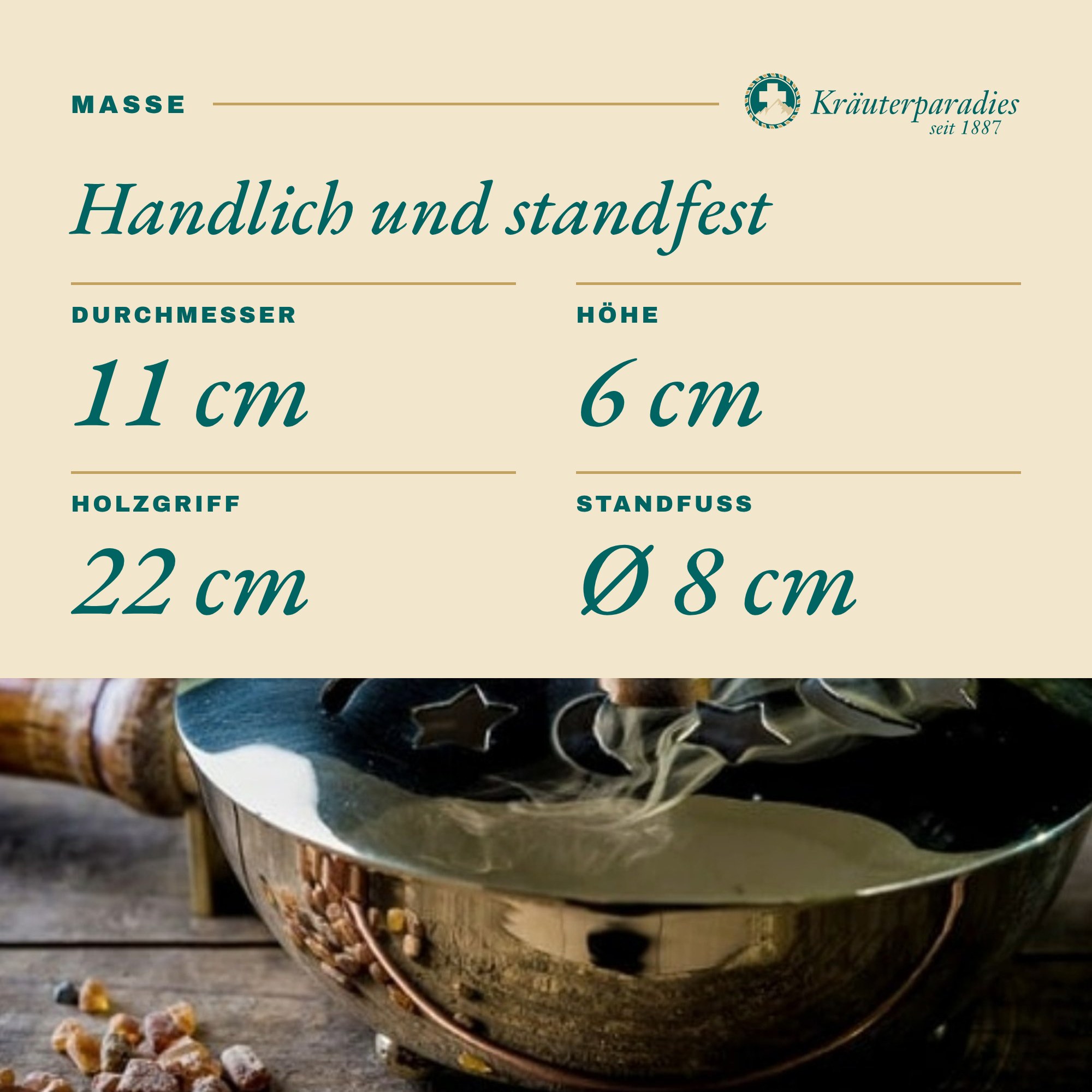 Räucherpfanne E Messing mit Holzgriff Maße: Handlich und standfest