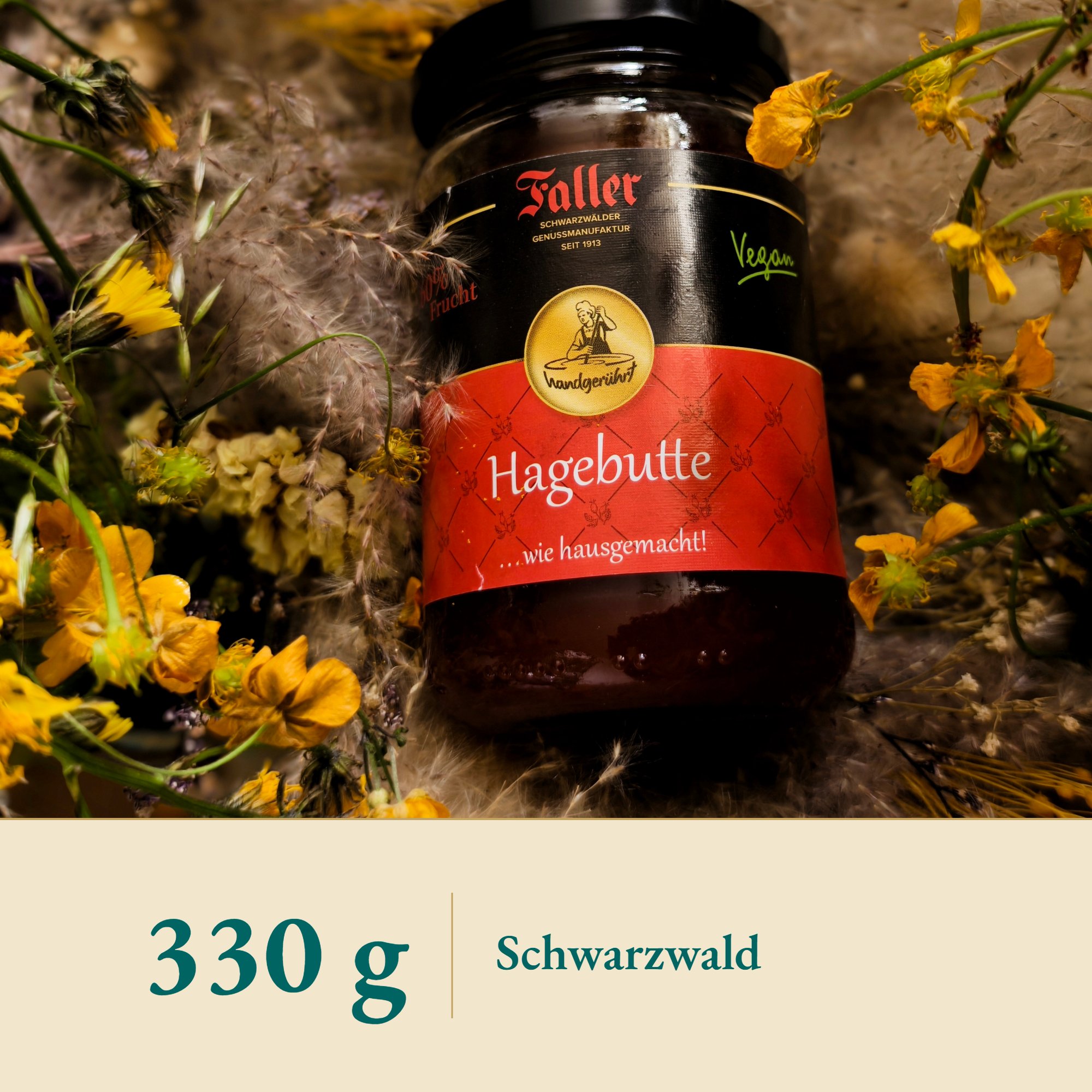 Nahaufnahme Hagebuttenkonfitüre aus Schwarzwald – Kräuterparadies seit 1887
