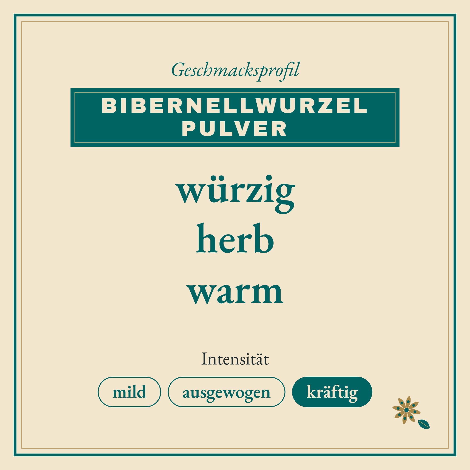 Geschmacksprofil Bibernellwurzel Pulver: würzig, herb und warm