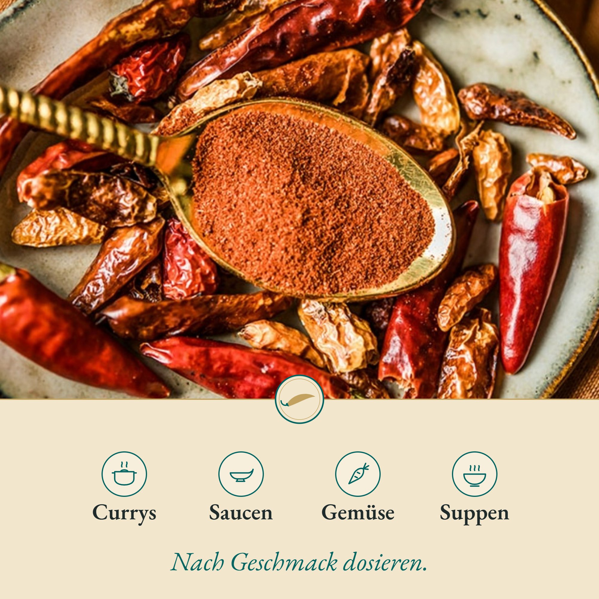 Chilipulver passt zu Currys, Saucen, Gemüse und Suppen