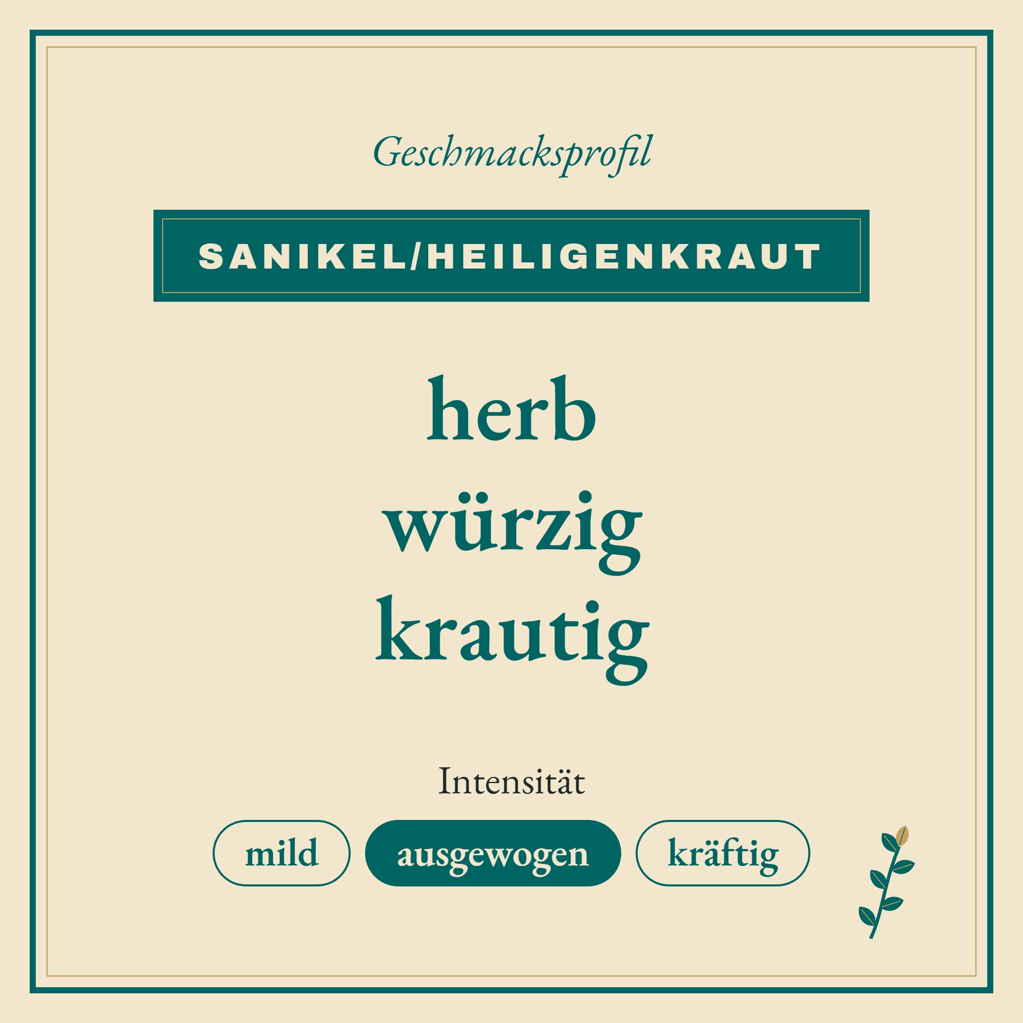 Geschmacksprofil Sanikel/Heiligenkraut: herb, würzig und krautig