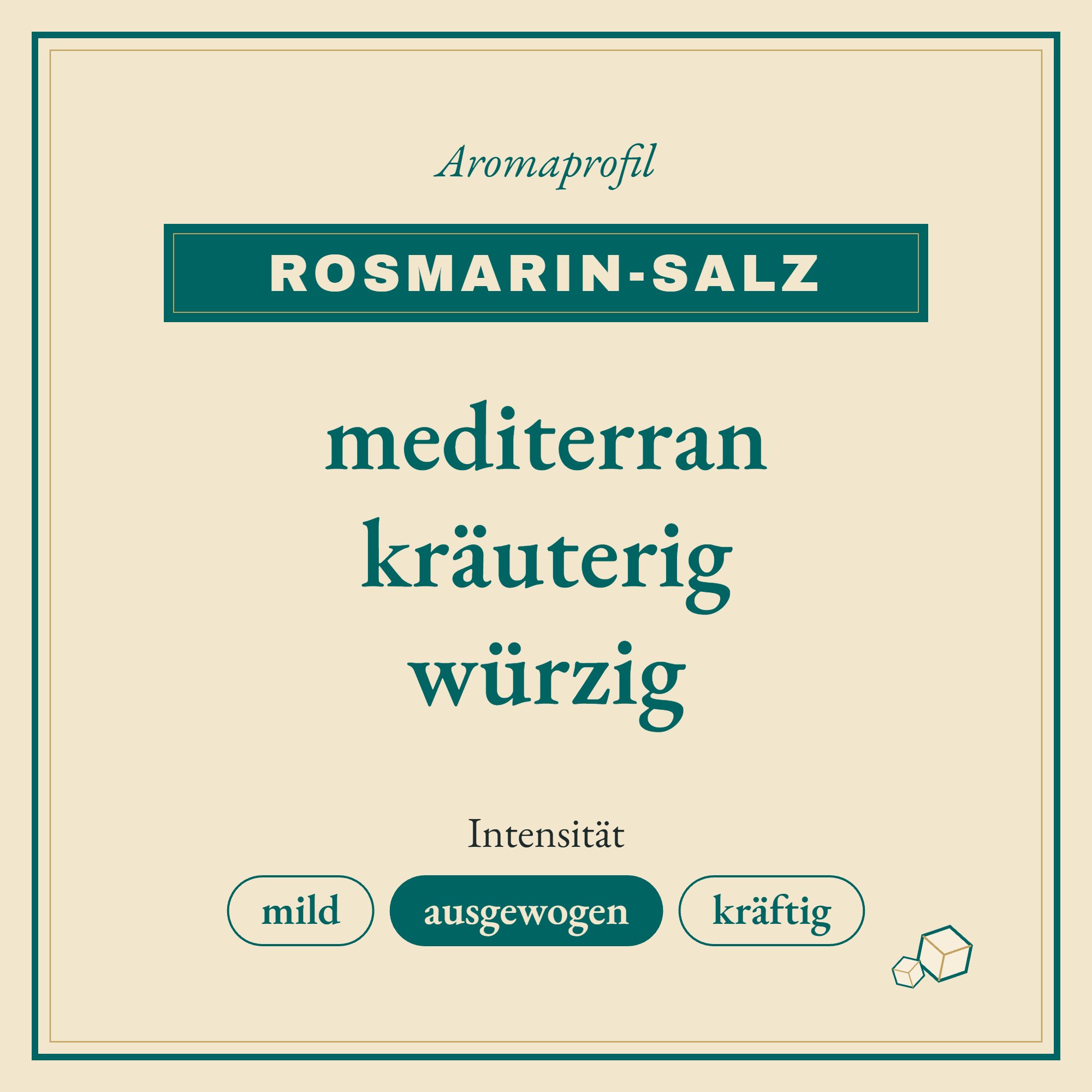 Aromaprofil Rosmarin-Salz: mediterran, kräuterig und würzig
