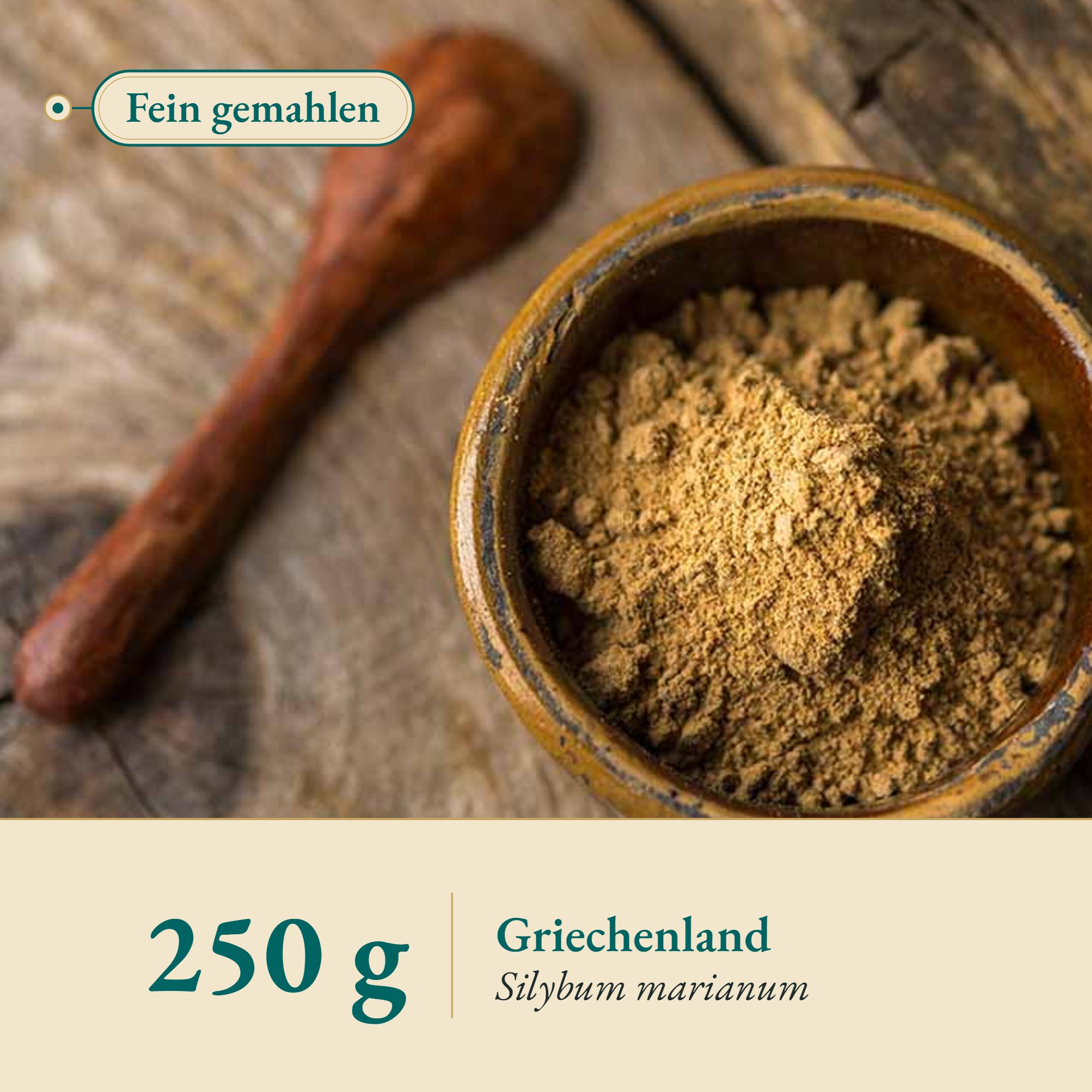 Nahaufnahme Mariendistel Samen Pulver aus Griechenland – Kräuterparadies seit 1887