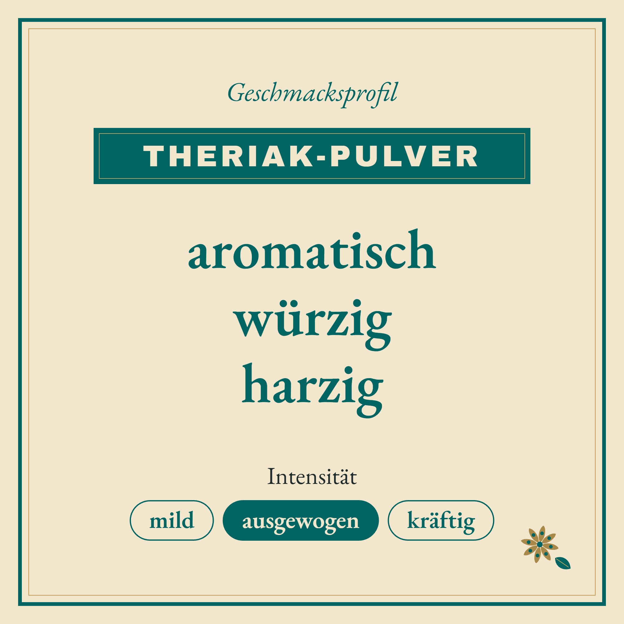 Geschmacksprofil Theriak-Pulver: aromatisch, würzig und harzig