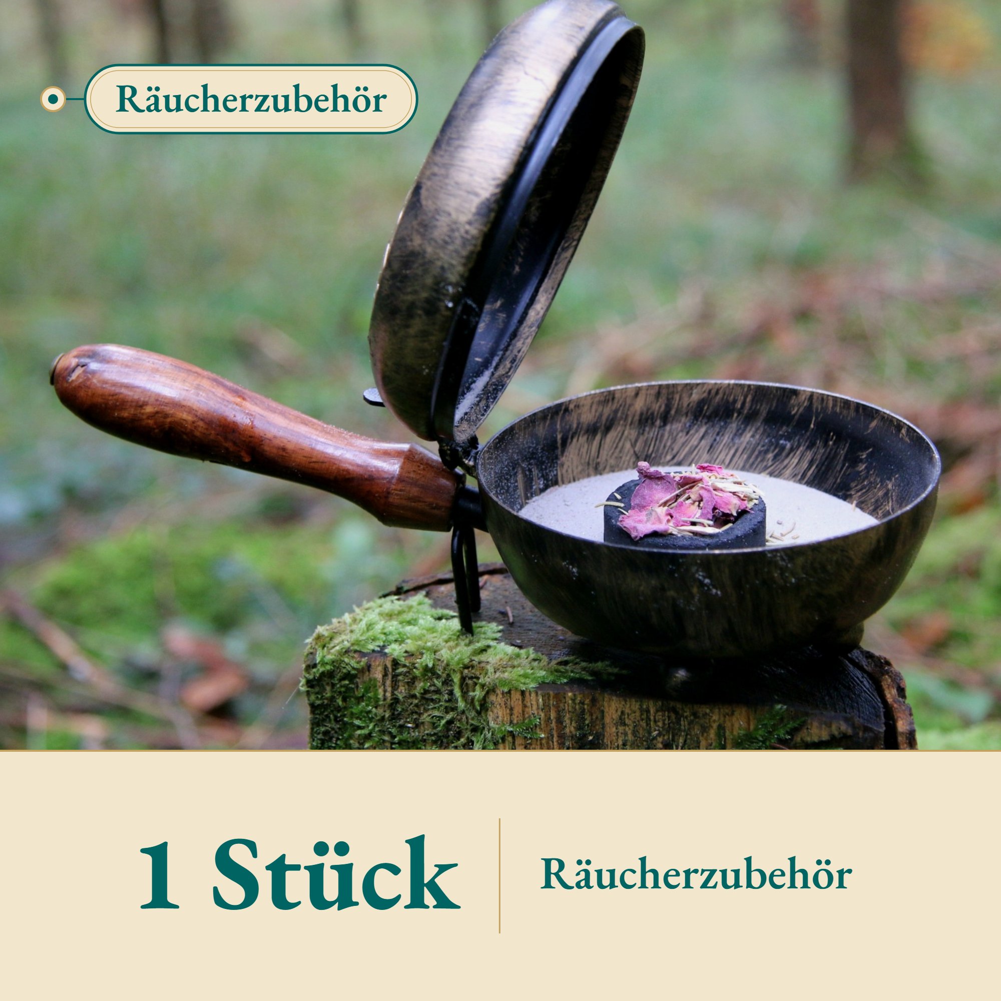 Nahaufnahme Räucherpfännchen schwarz mit Holzgriff – Kräuterparadies seit 1887