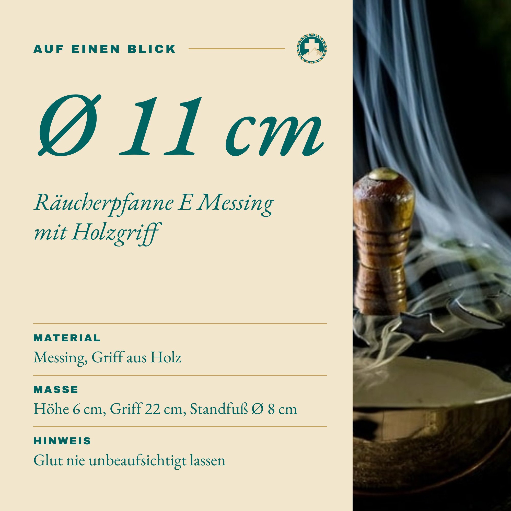 Räucherpfanne E Messing mit Holzgriff Ø 11 cm: Maße auf einen Blick
