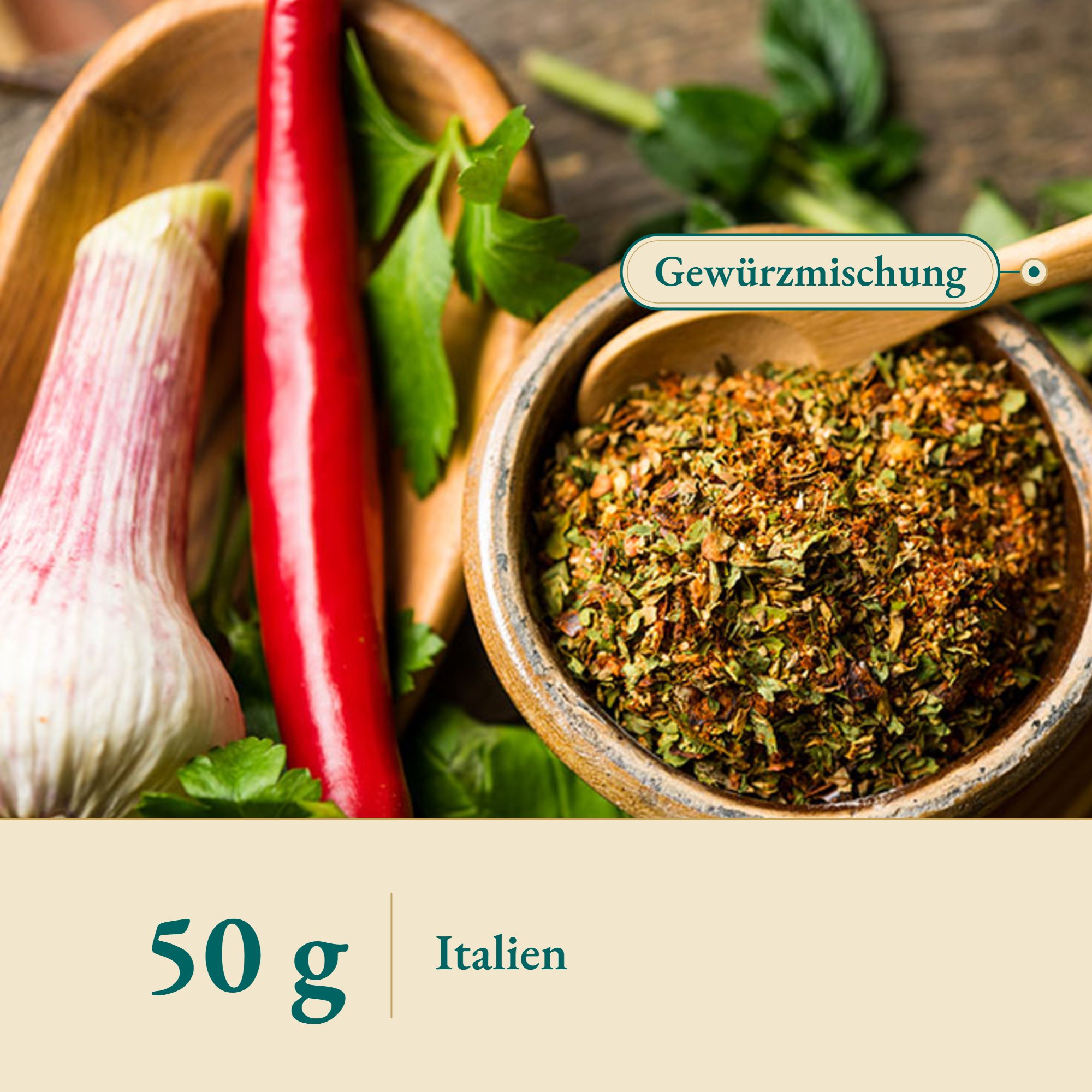 Nahaufnahme Aglio e Olio aus Italien – Kräuterparadies seit 1887