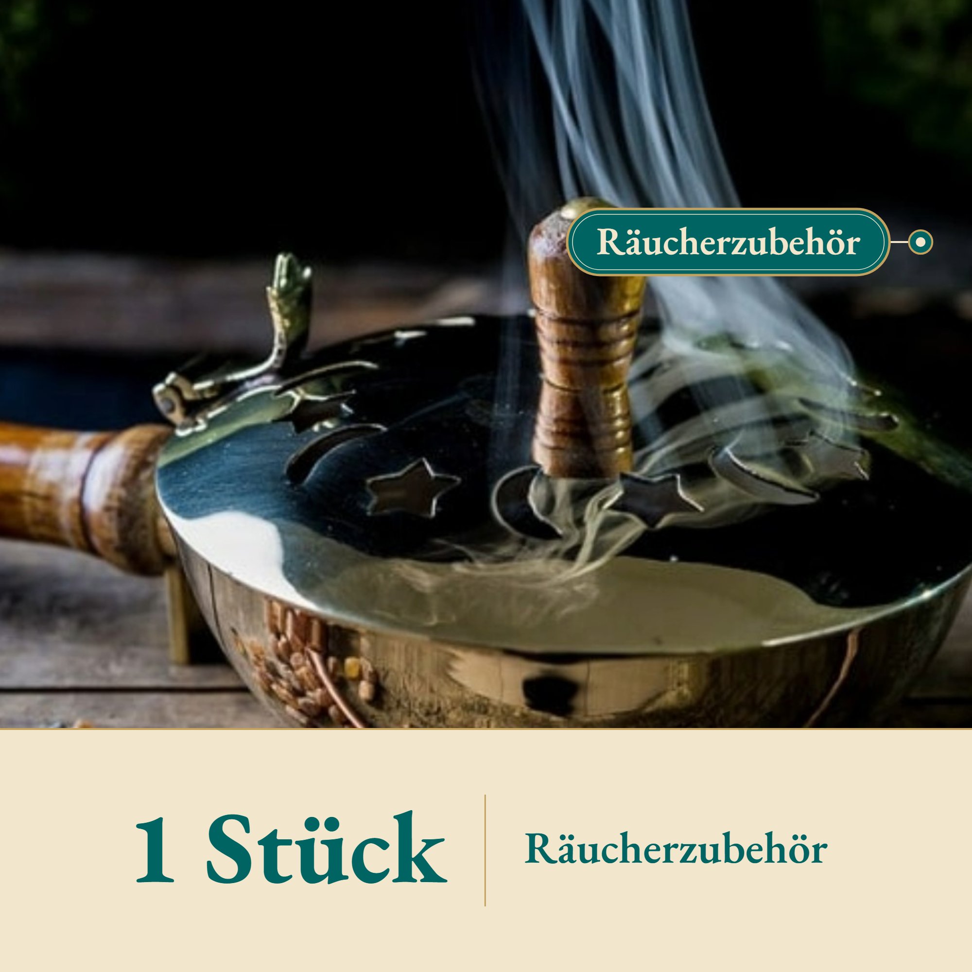Nahaufnahme Räucherpfanne E Messing m.Holzgriff – Kräuterparadies seit 1887