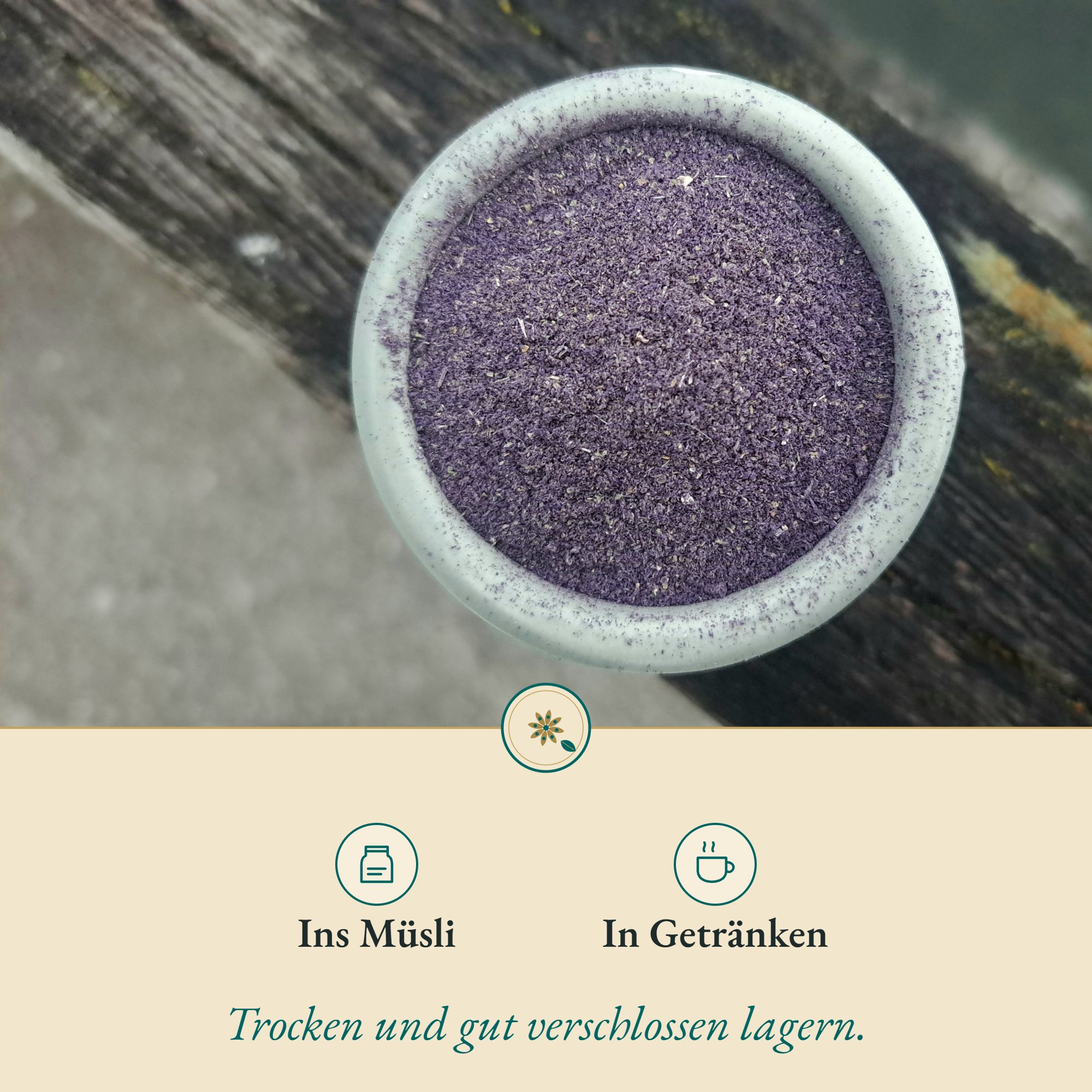 Anwendung Malve blau Pulver: für Müsli & Smoothie und in Getränken