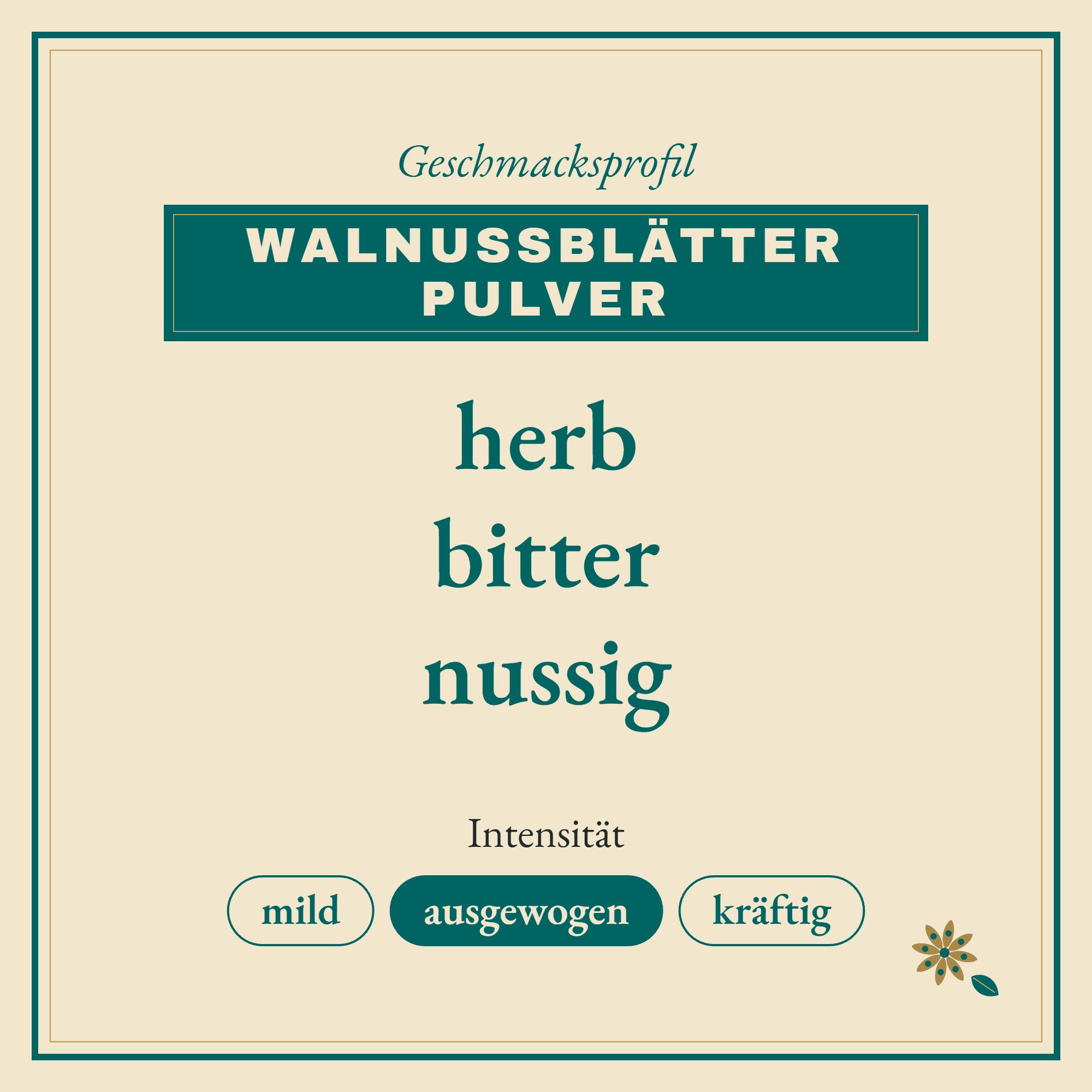 Geschmacksprofil Walnussblätter Pulver: herb, bitter und nussig