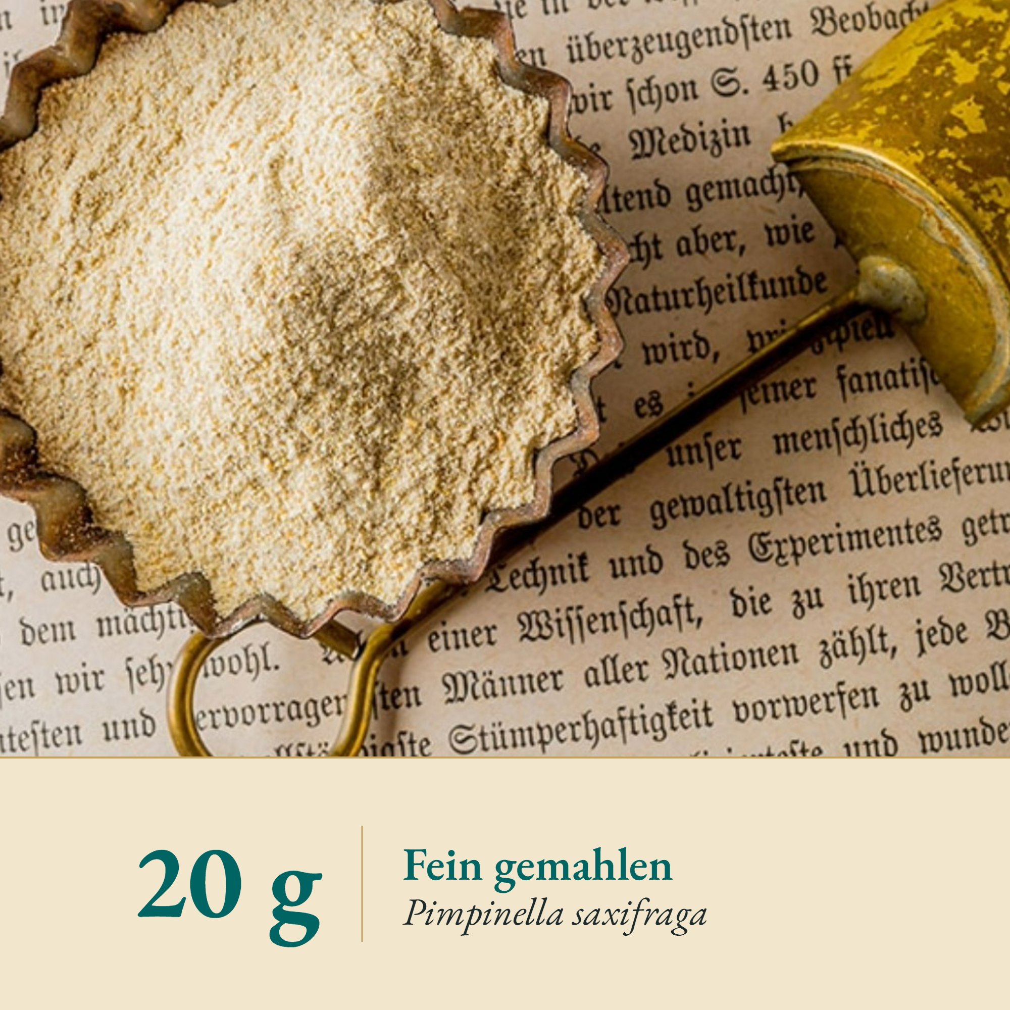 Nahaufnahme Bibernellwurzel Pulver – Kräuterparadies seit 1887