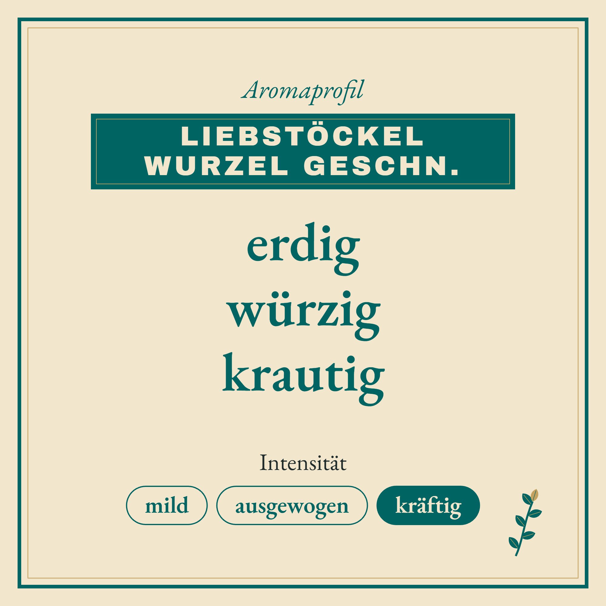 Aromaprofil Liebstöckel Wurzel geschn.: erdig, würzig und krautig