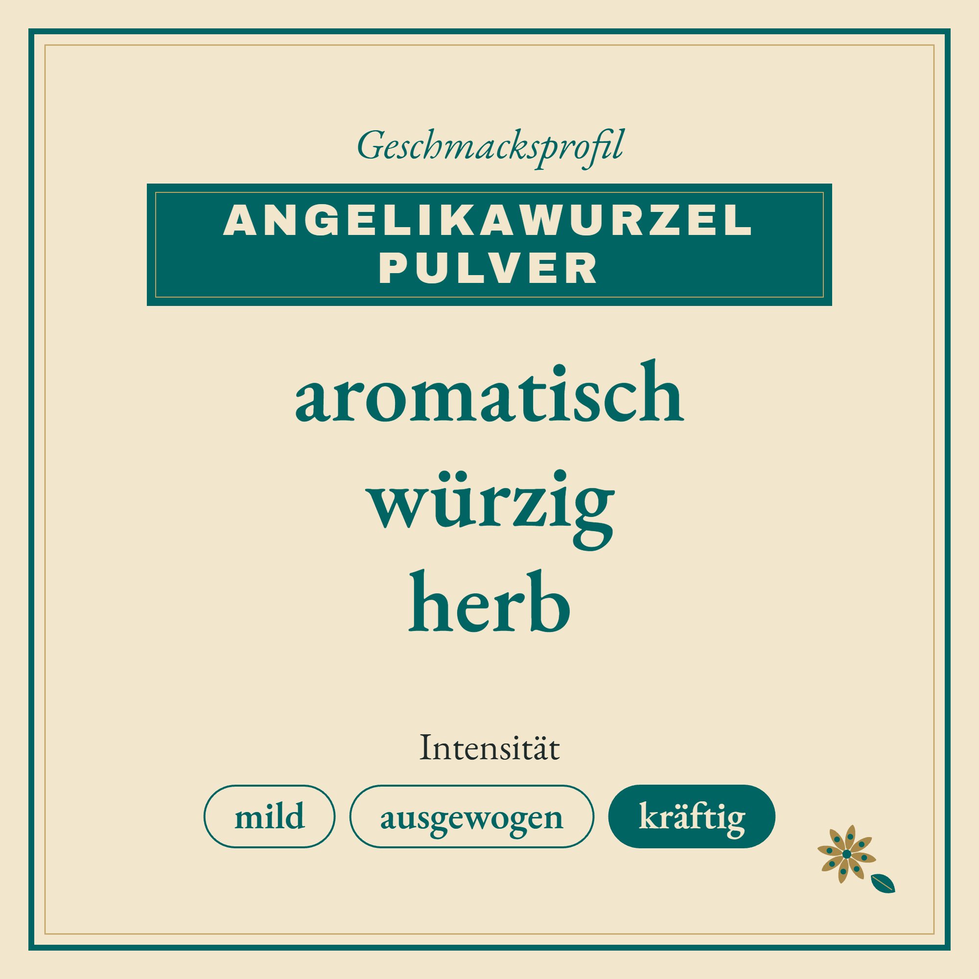 Geschmacksprofil Angelikawurzel Pulver: aromatisch, würzig und herb