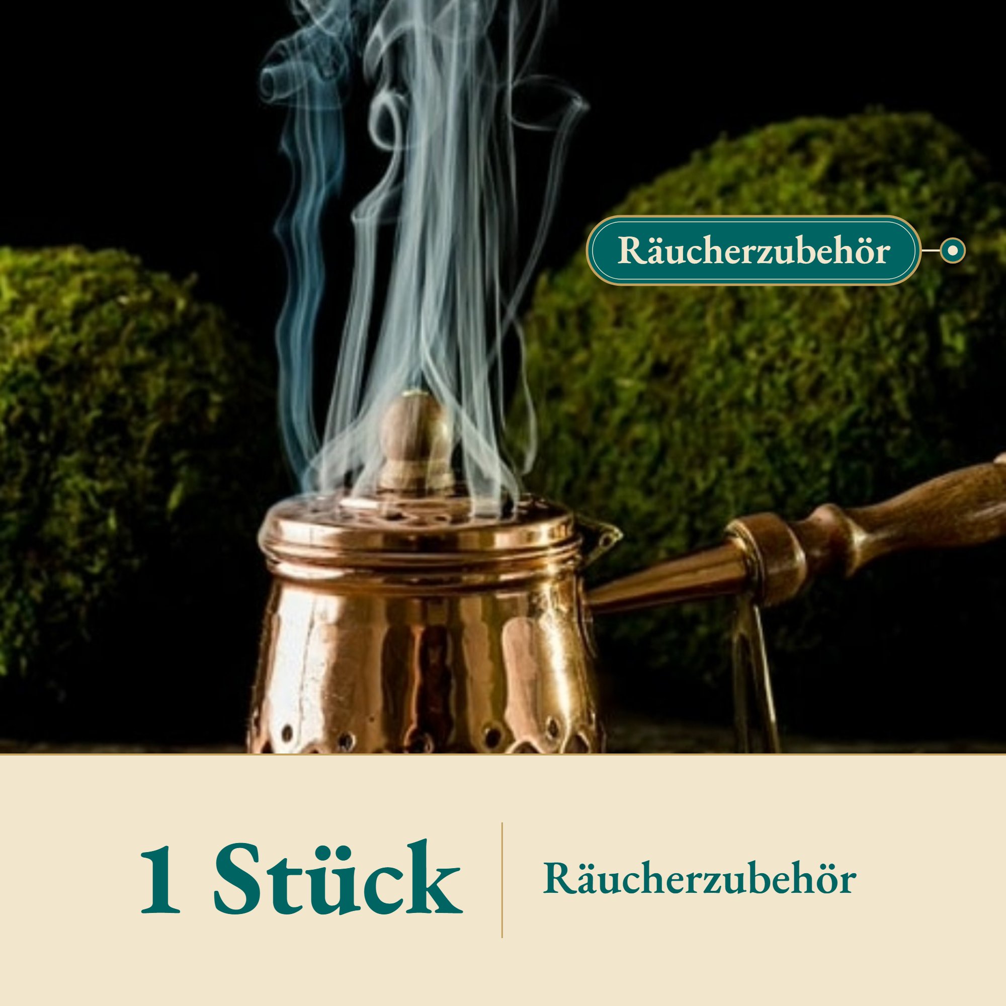 Nahaufnahme Räucherpfanne D Kupfer mit Holzgriff – Kräuterparadies seit 1887