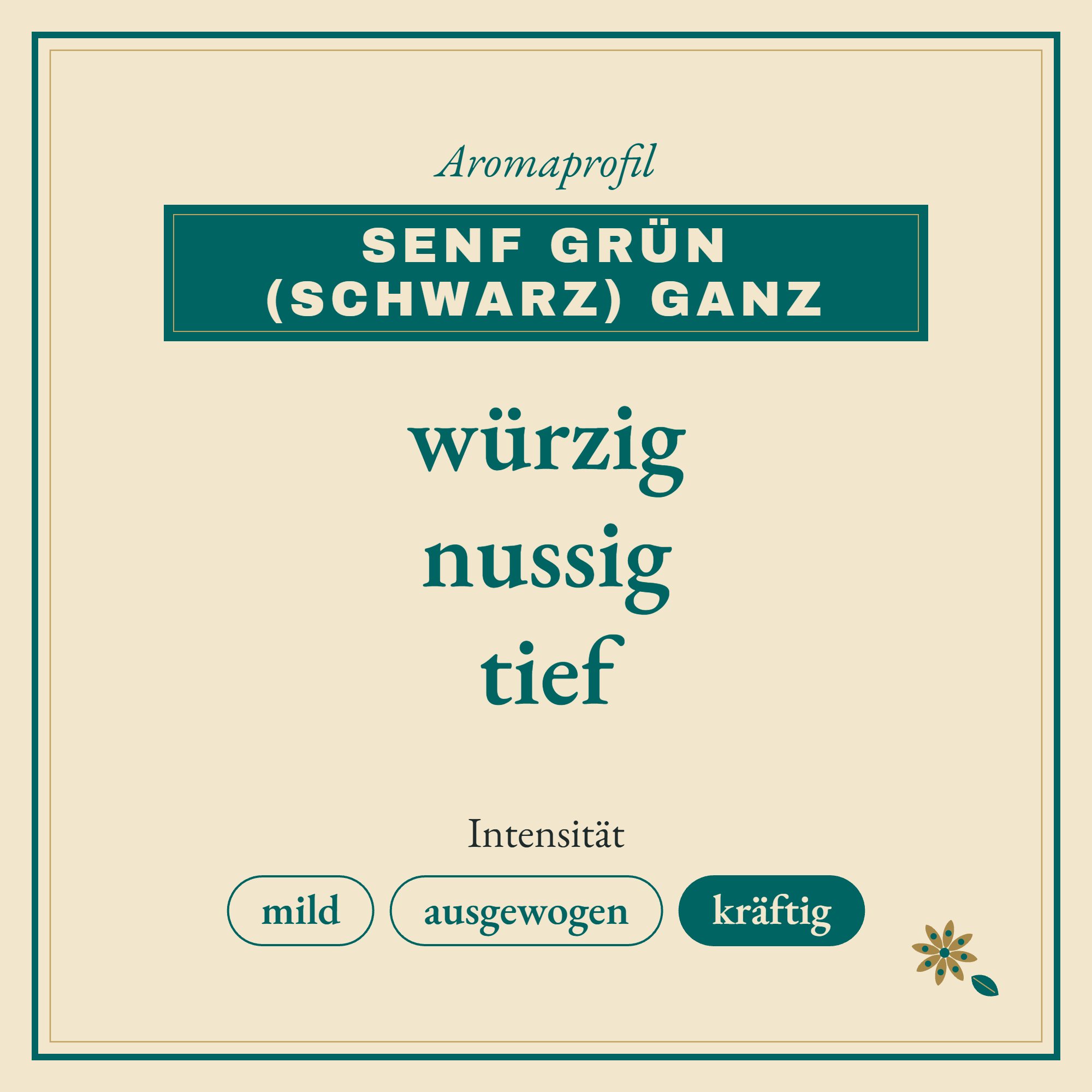 Aromaprofil Senf grün (schwarz) ganz: würzig, nussig und tief