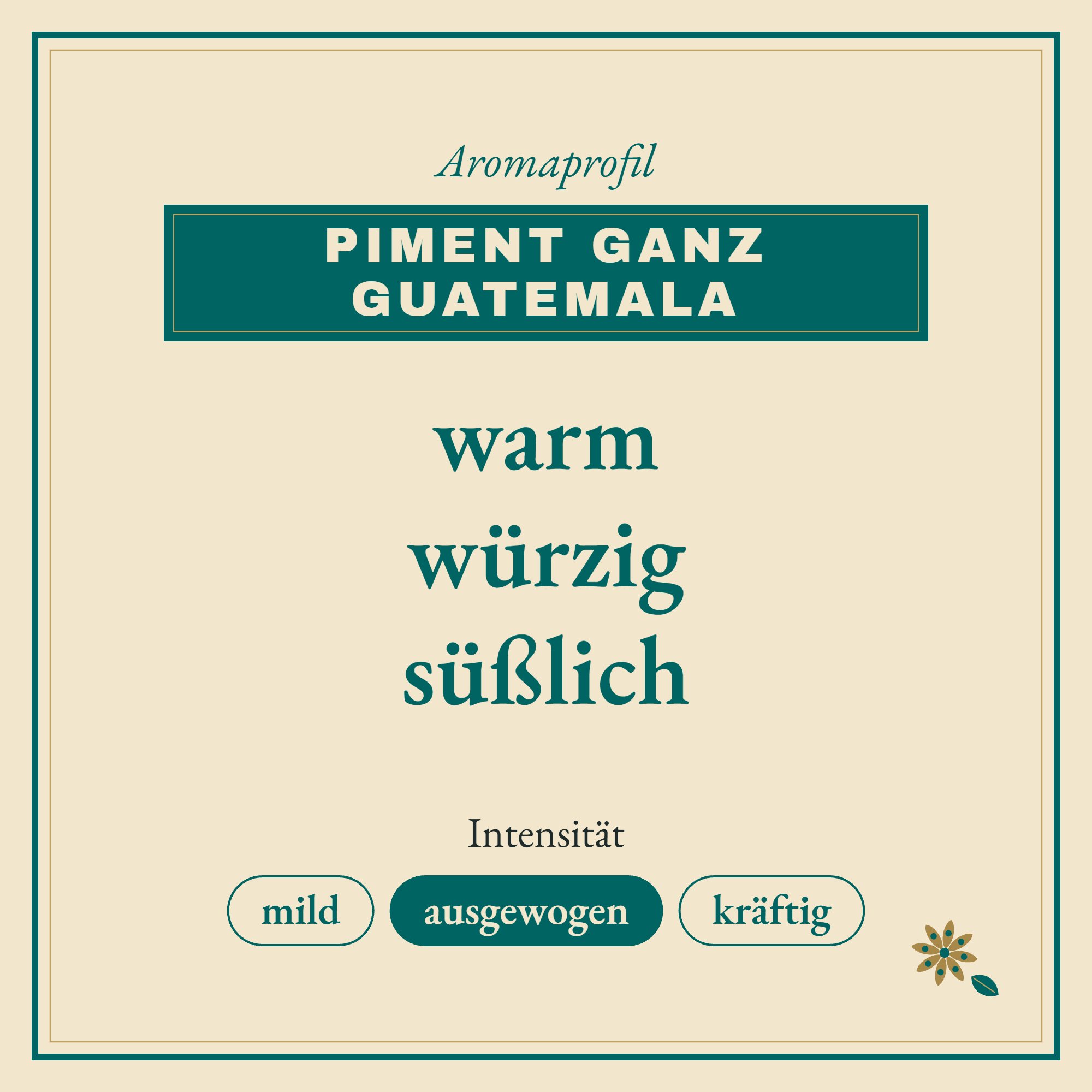 Aromaprofil Piment ganz Guatemala: warm, würzig und süßlich