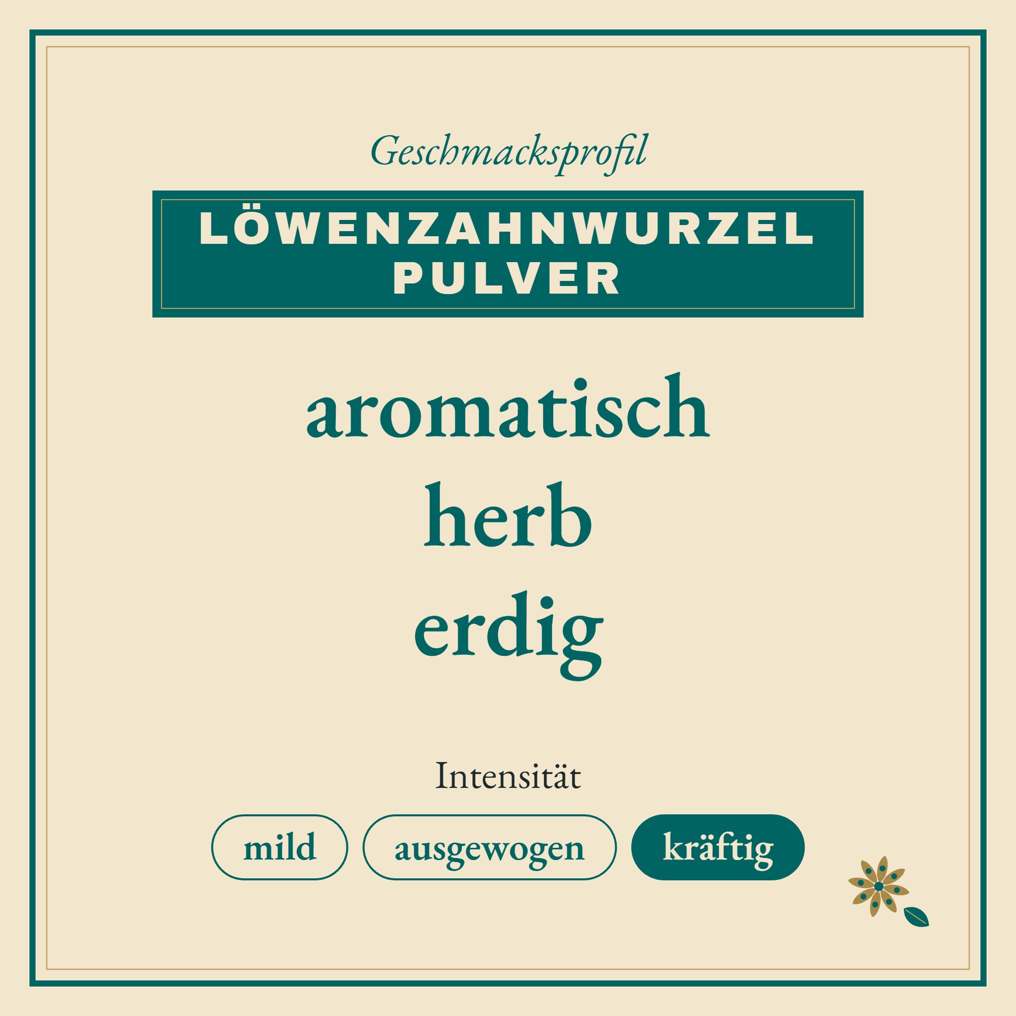 Geschmacksprofil Löwenzahnwurzel Pulver: aromatisch, herb und erdig