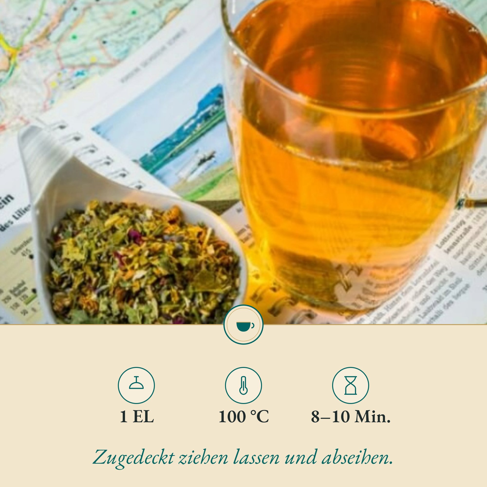Zubereitung Aktivtee: 1 EL, 100 °C, 8–10 Min.