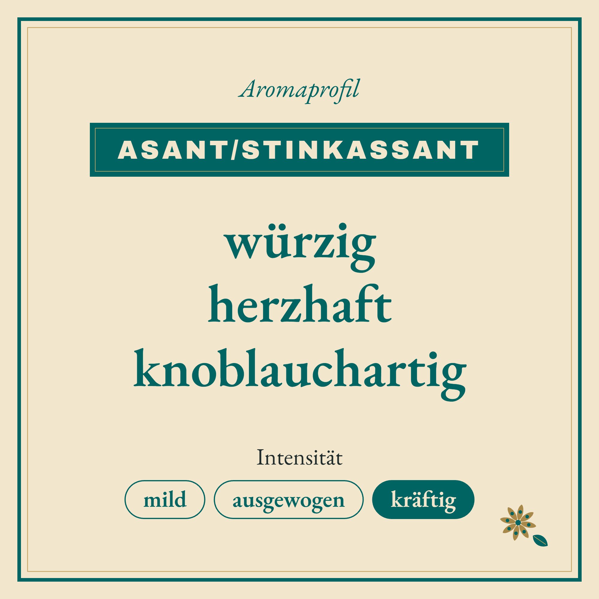 Aromaprofil Asant/Stinkassant: würzig, herzhaft und knoblauchartig