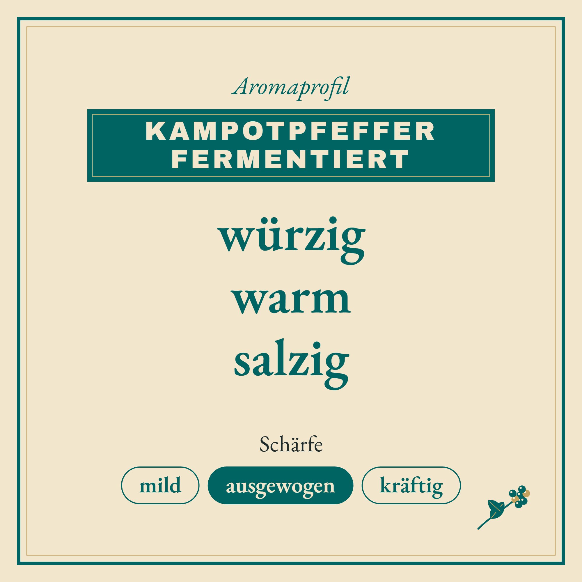 Aromaprofil Kampotpfeffer- fermentiert: würzig, warm und salzig