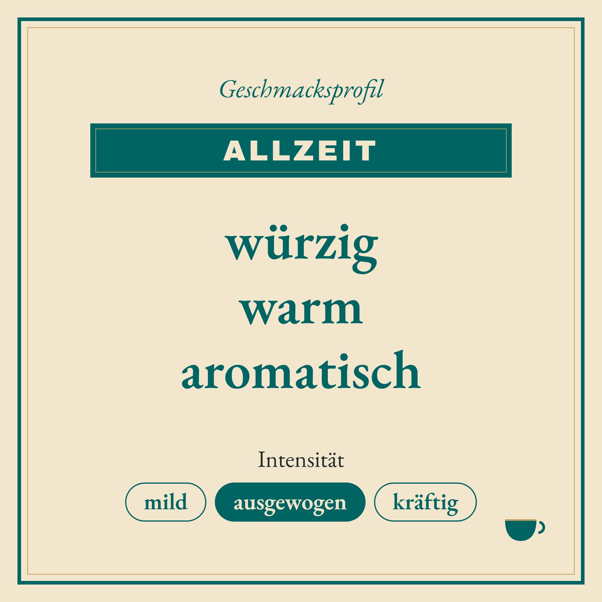 Geschmacksprofil Allzeit: würzig, warm und aromatisch