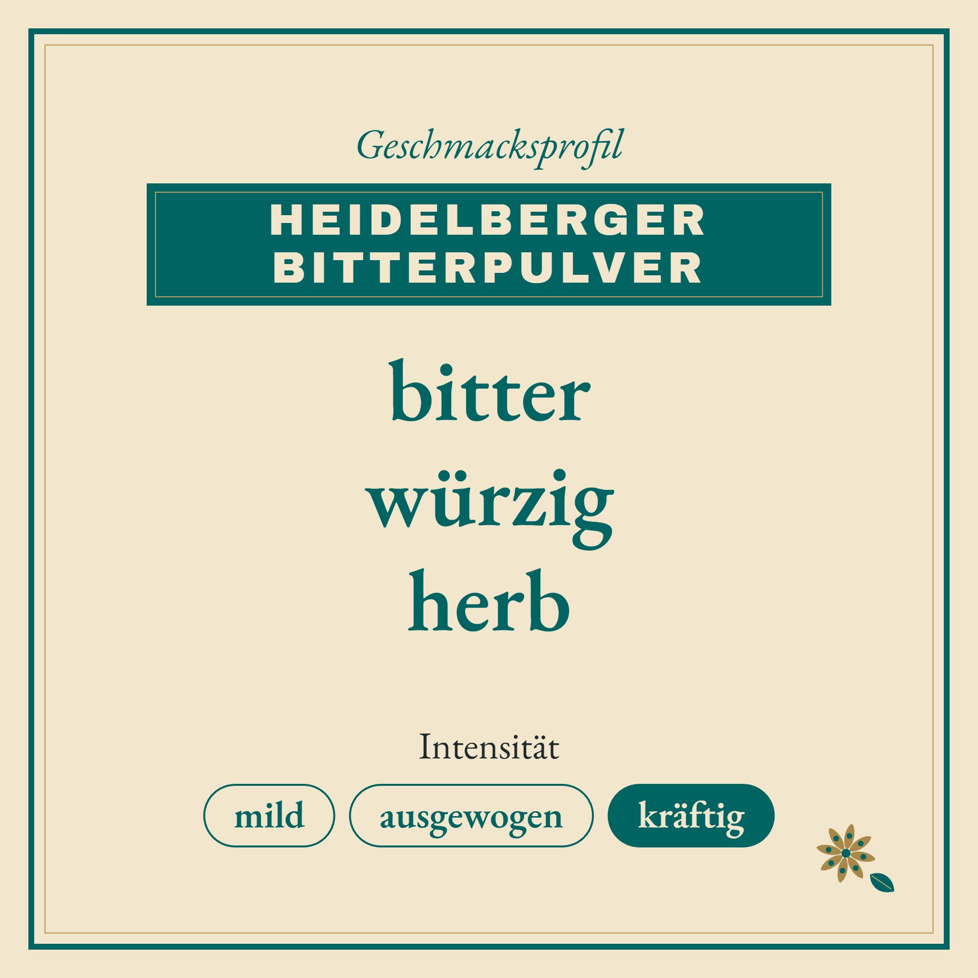 Geschmacksprofil Heidelbergerpulver: bitter, würzig und herb