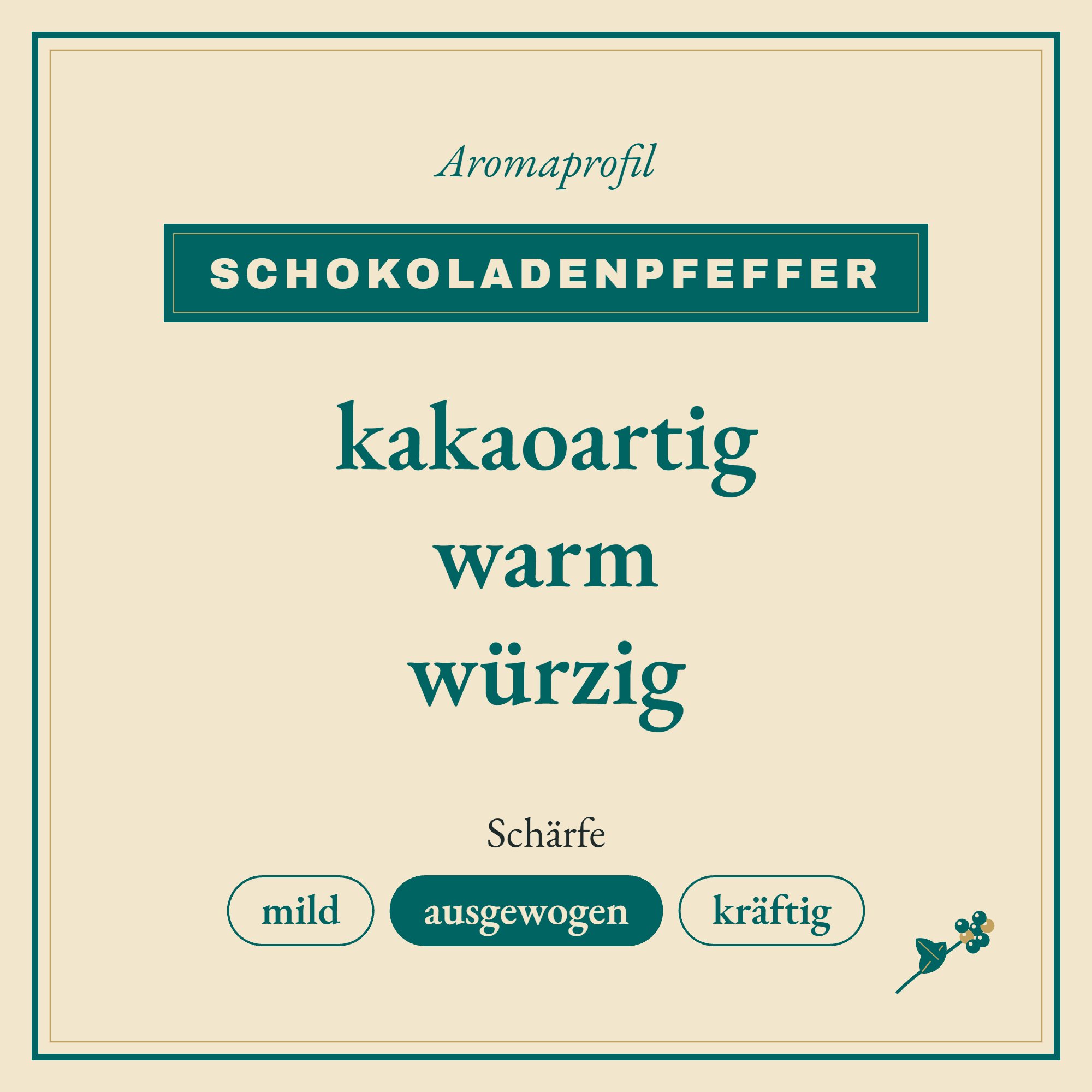 Aromaprofil Schokoladenpfeffer: kakaoartig, warm und würzig